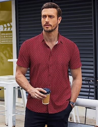 Men’s Polka Dots Button Down Shirt Short Sleeve Turn-Down Collar Wine Red Mens