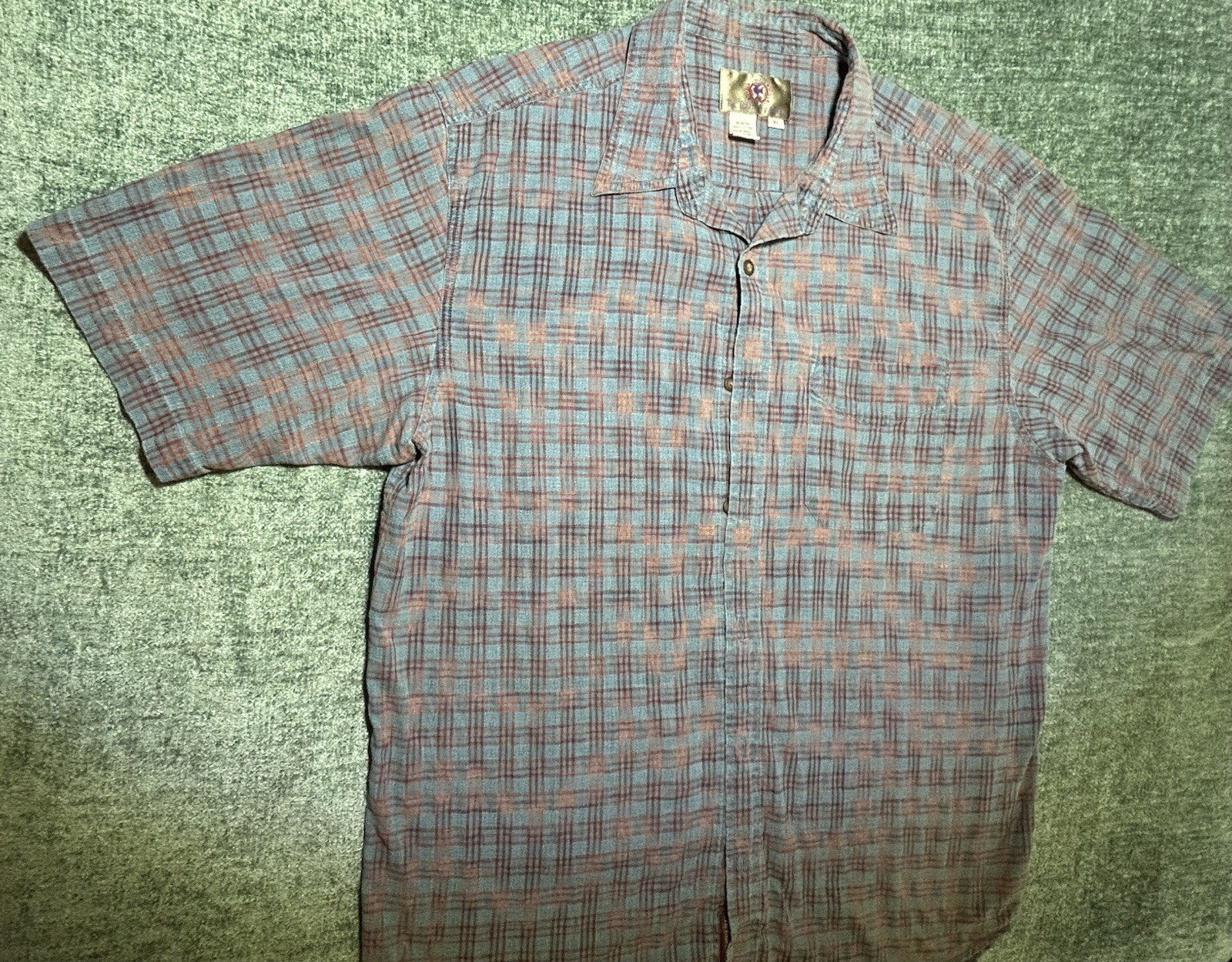 Territory Ahead, VINTAGE, Rust/blue plaid, XL, Textured,Button Up, Short sleeves