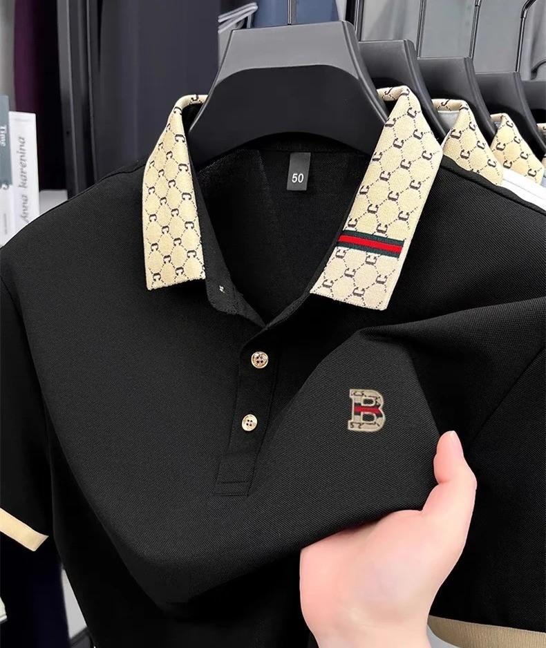 Men’s Luxury B Letter Embossed Polo Shirt Lightweight Breathable Summer Tee