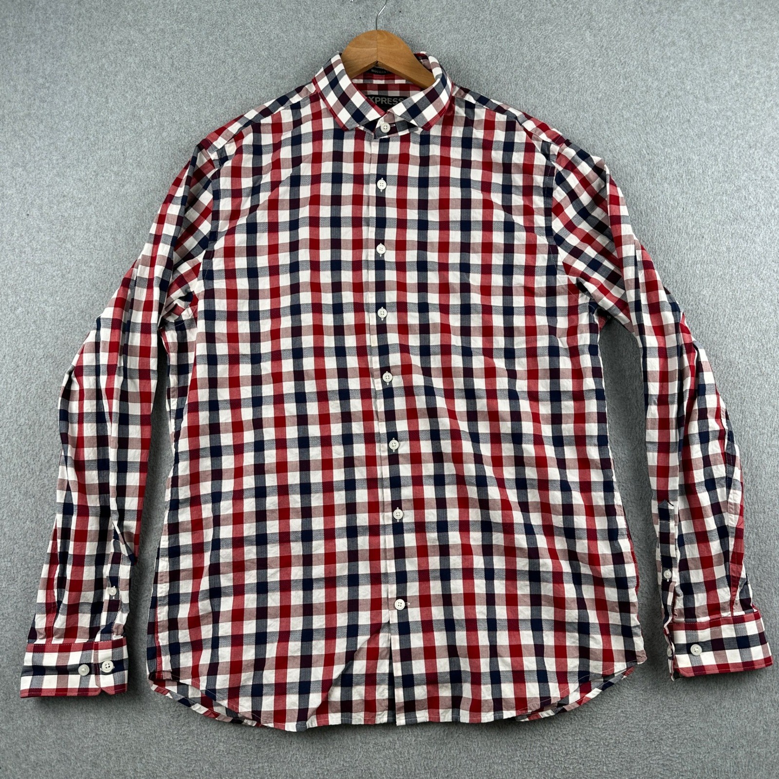 Express Button Up Mens L Red Gingham Modern Fit Plaid Long Sleeve Shirt