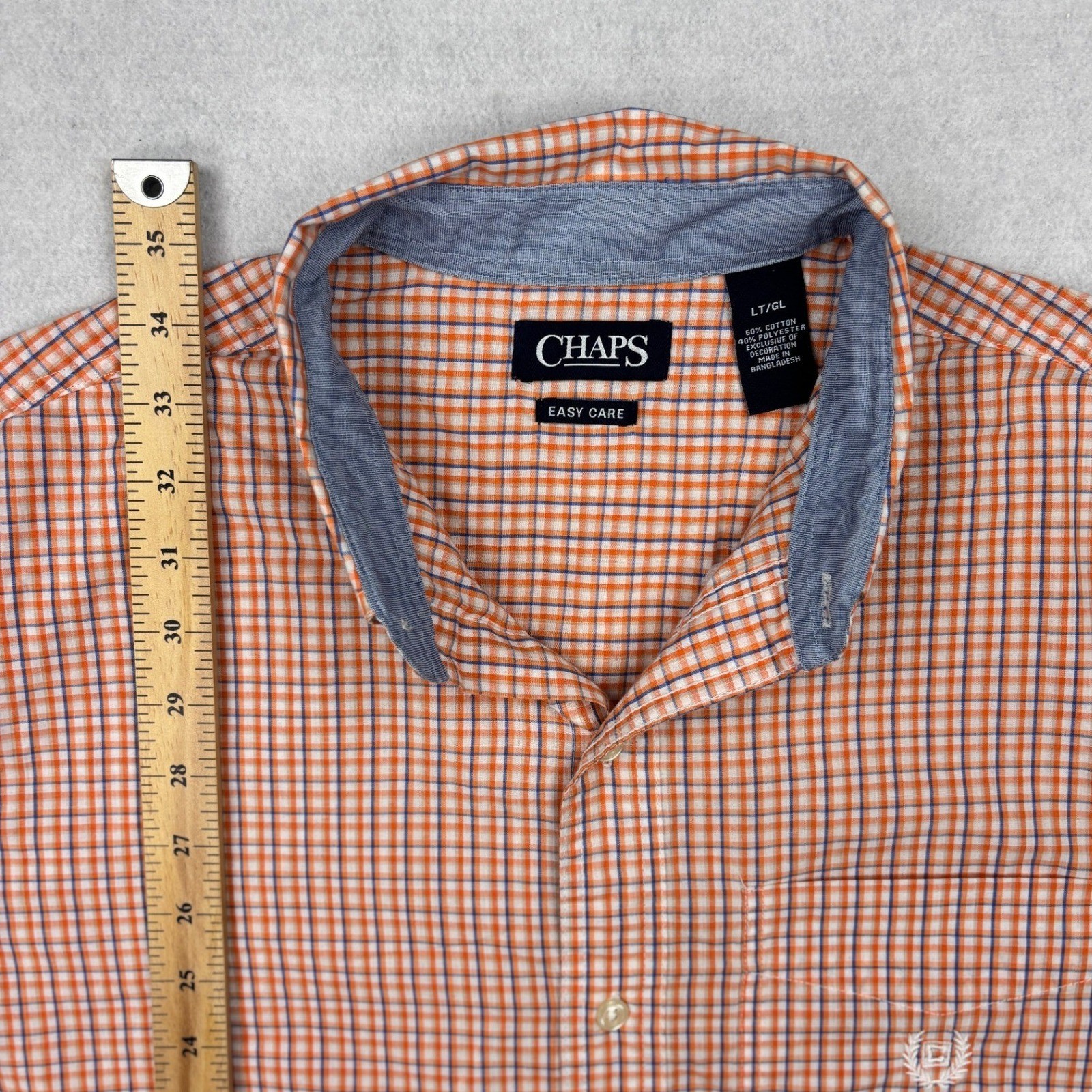 Chaps Button Down Shirt Mens Large Tall Orange Blue Check Short Sleeve Easy Care