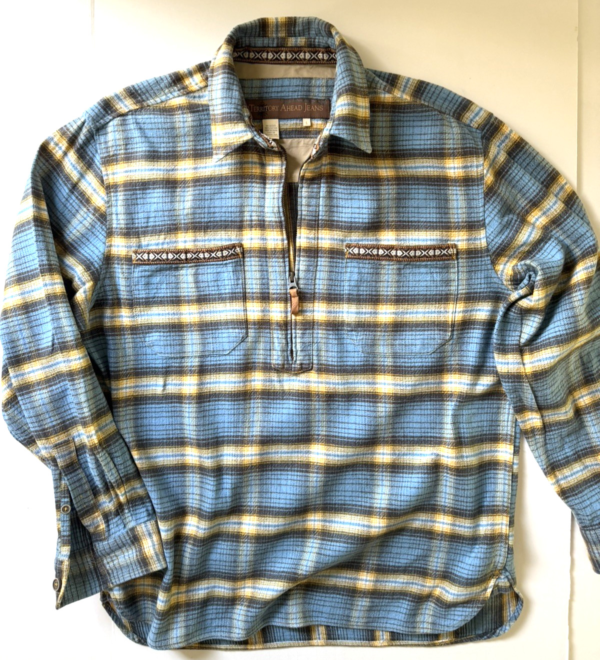 Territory Ahead Vintage 1/2-Zip Cotton Flannel Pullover Shirt Blue Yellow Mens L