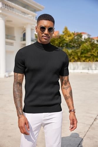 Men’s Pull On Tee Short Sleeve All Black Regular Fit T Shirt COOFANDY Mens Mock