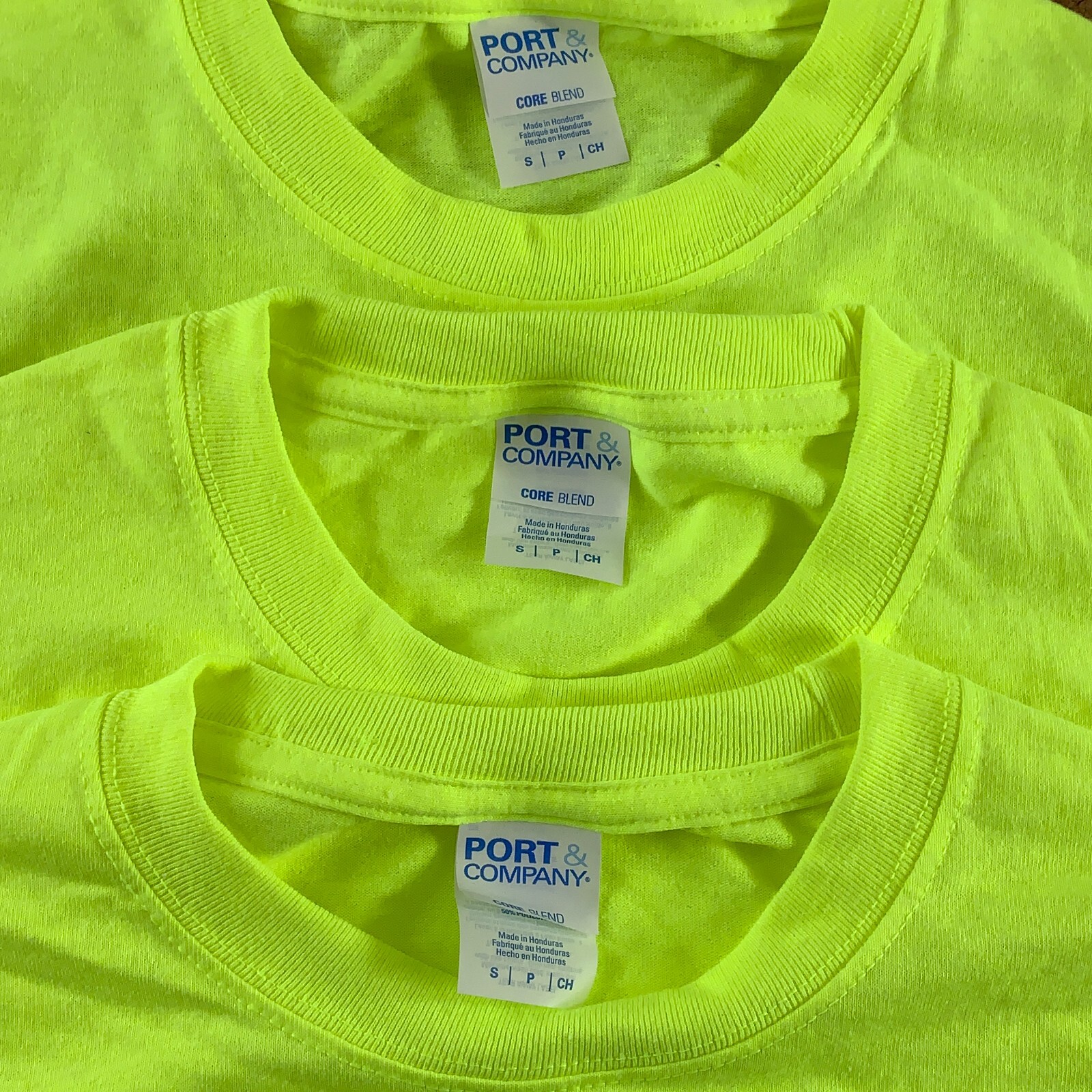 Lot of 3 Port & Company Men’s Small High Viz Yellow Short Sleeve Pocket T-Shirts