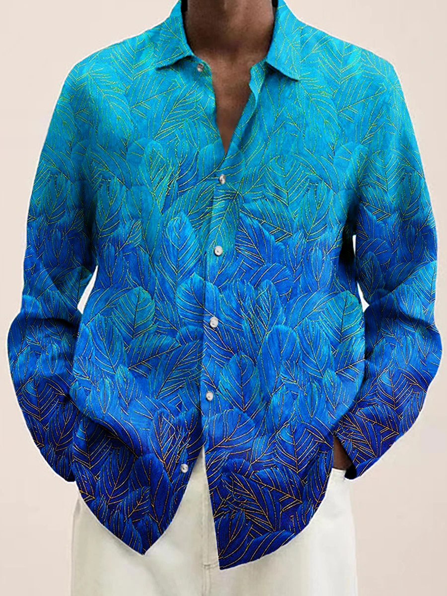 Button Down Shirt Men Peacock Feather Design Luxury Long Sleeve Button Tops