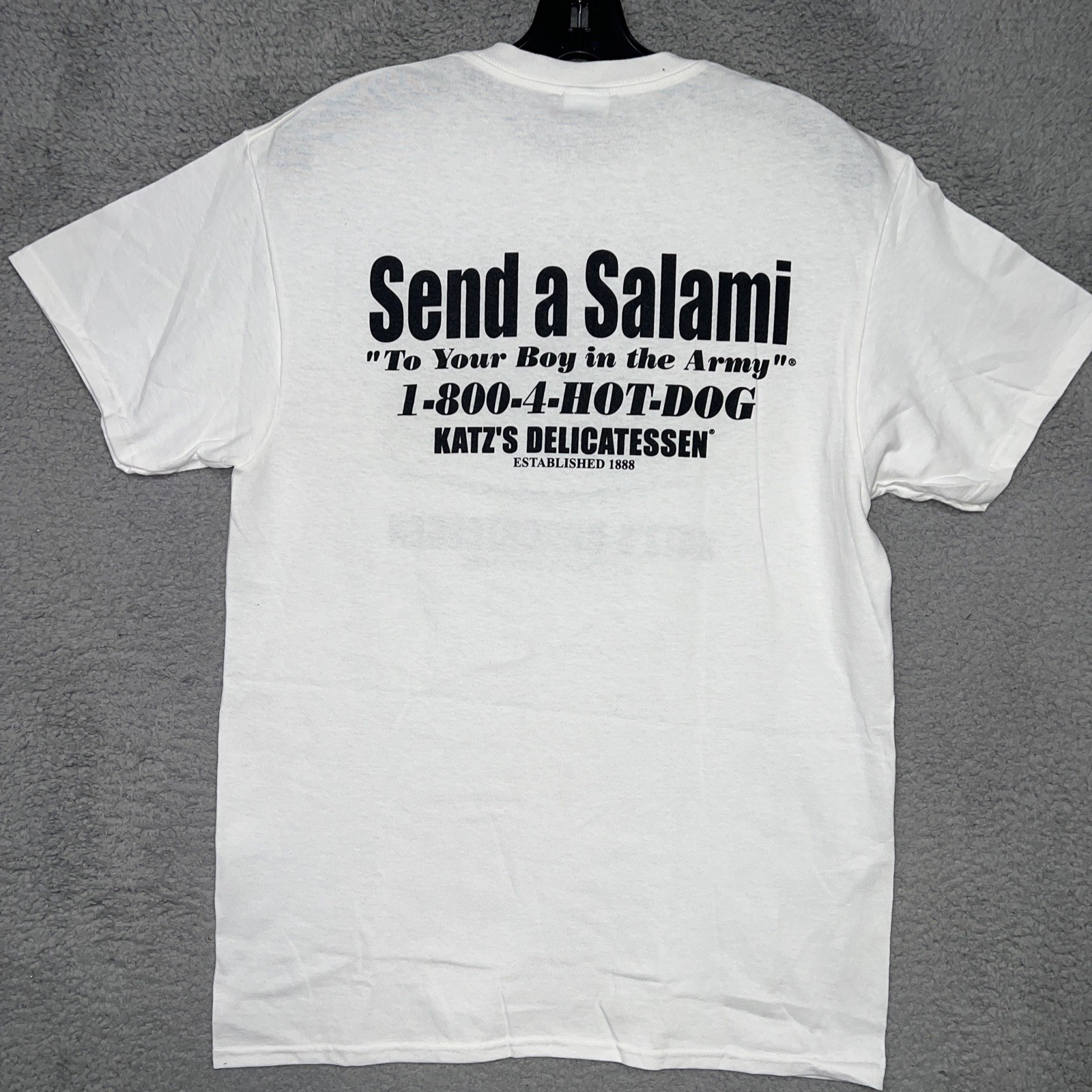 Katz’s Delicatessen T Shirt Men’s Sz M White Send a Salami NYC Deli 2-Sided Tee