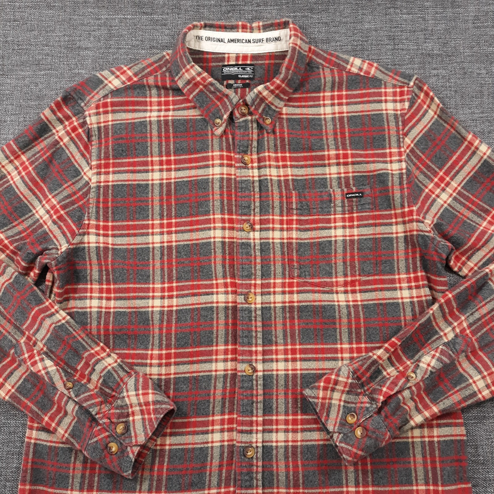 O’Neill Shirt Flannel Gray Red Mens Medium Classic Fit Outdoor Button Down