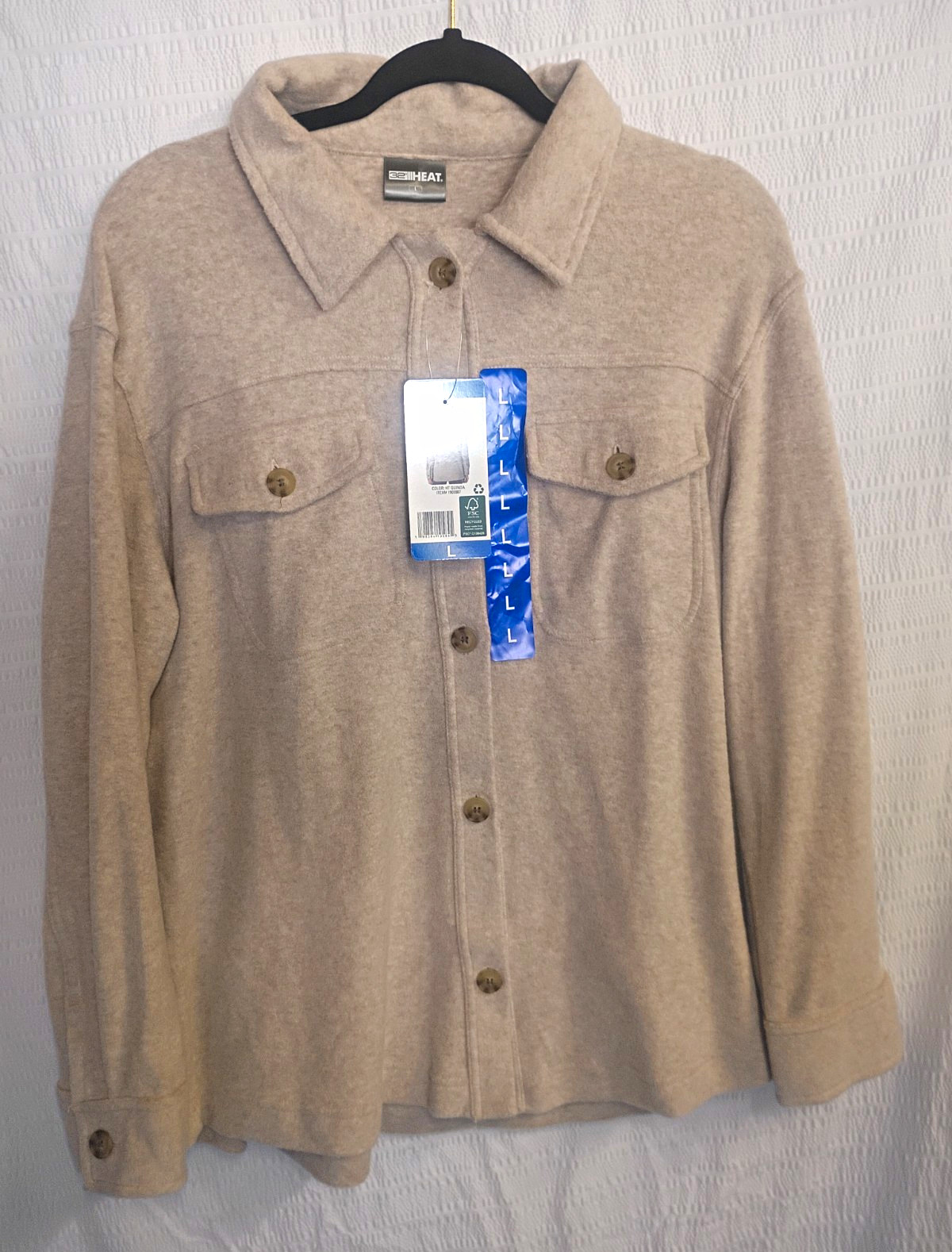 32 Degrees Heat Men’s Beige Solid Button-Up Shirt Jacket Pockets L