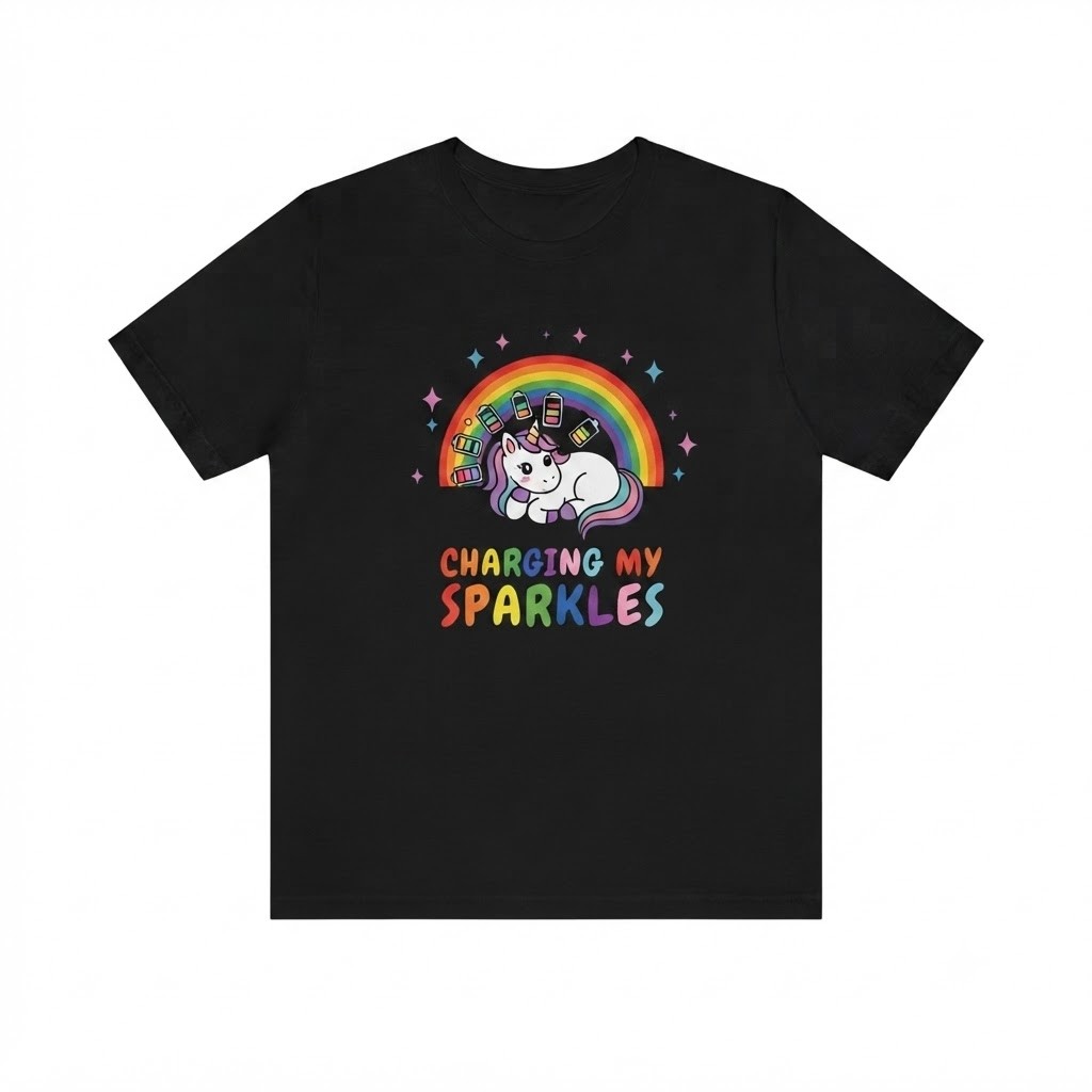 Sleeping Unicorn Charging My Sparkles Rainbow Black T-Shirt