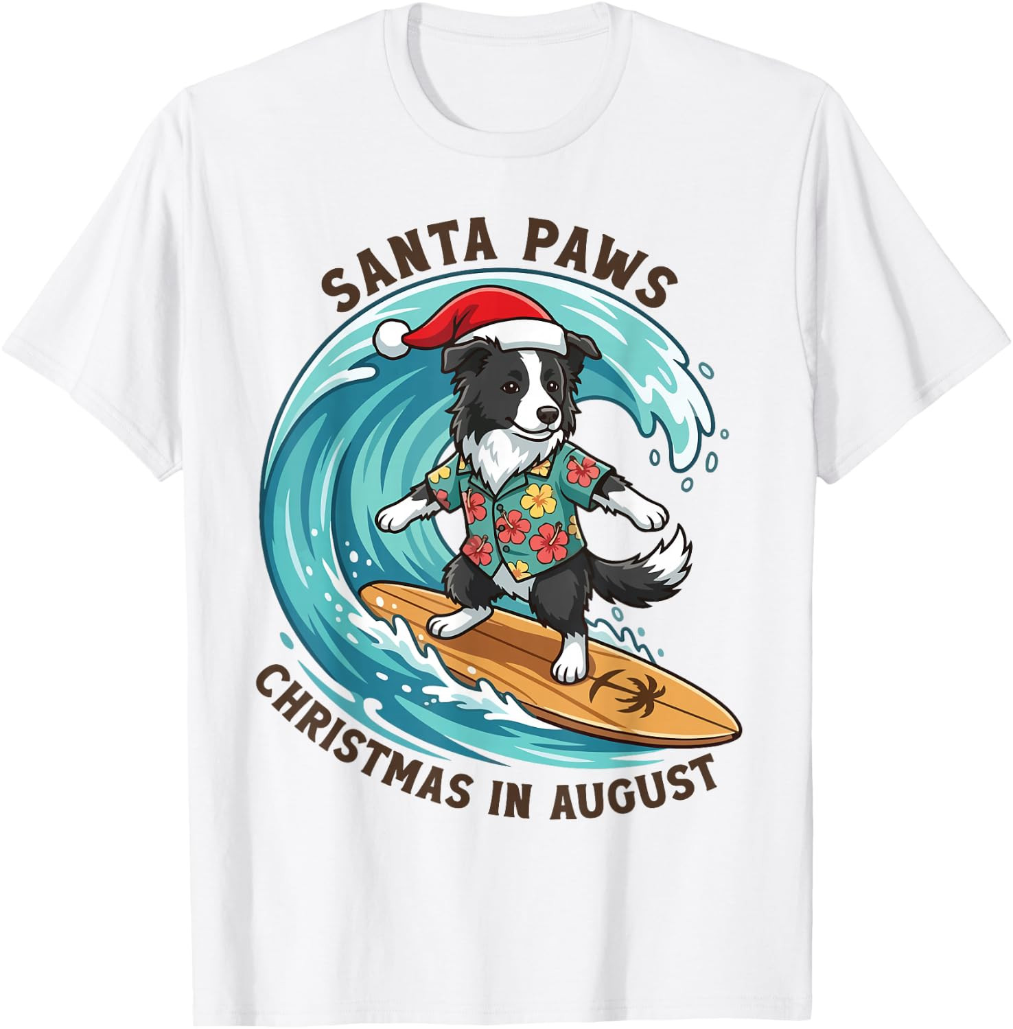 Surfing Border Collie Christmas in August Tropical Beach Dog T-Shirt