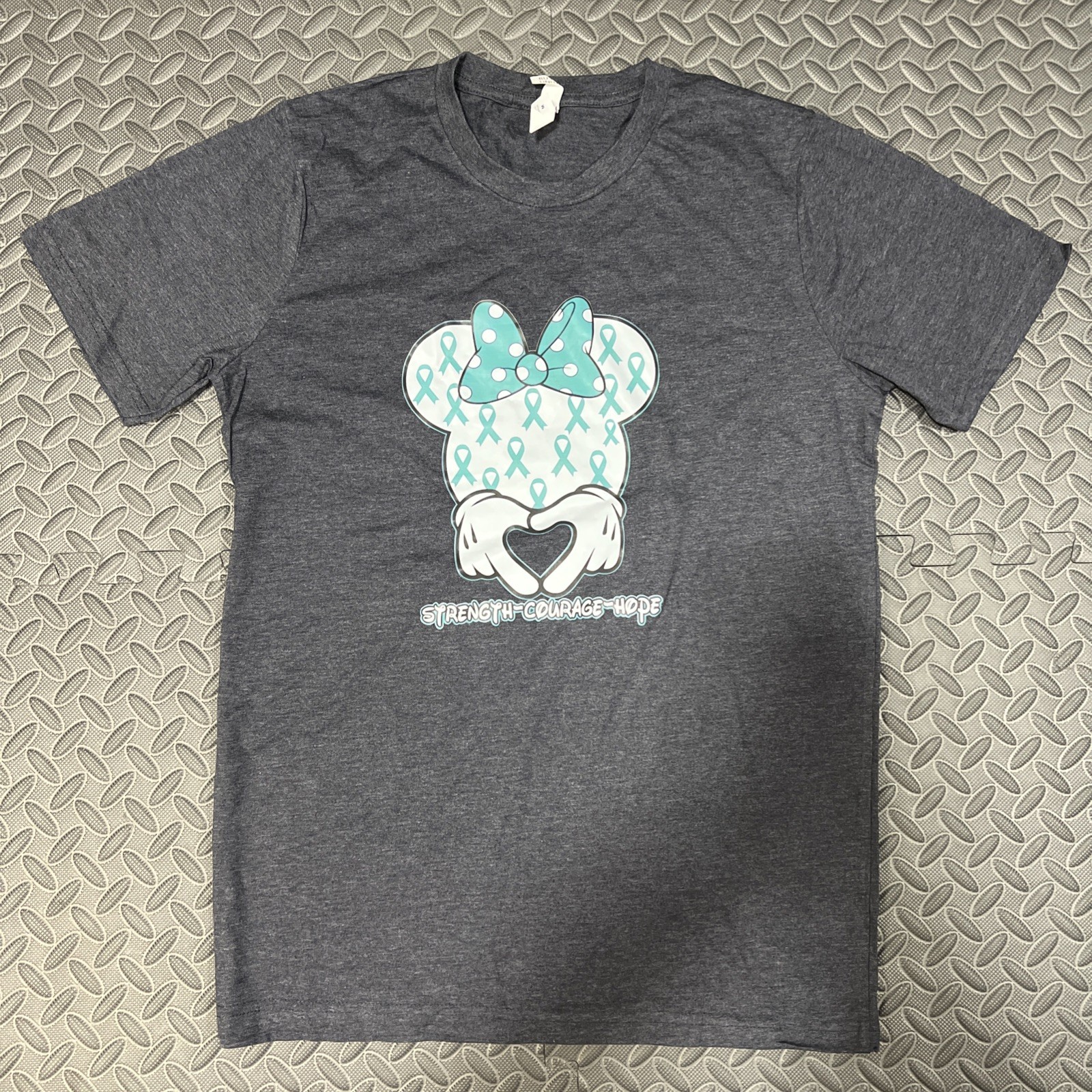 Minnie Ovarian Cancer Awareness Teal Ribbon Strength Courage Hope Gray T-shirt