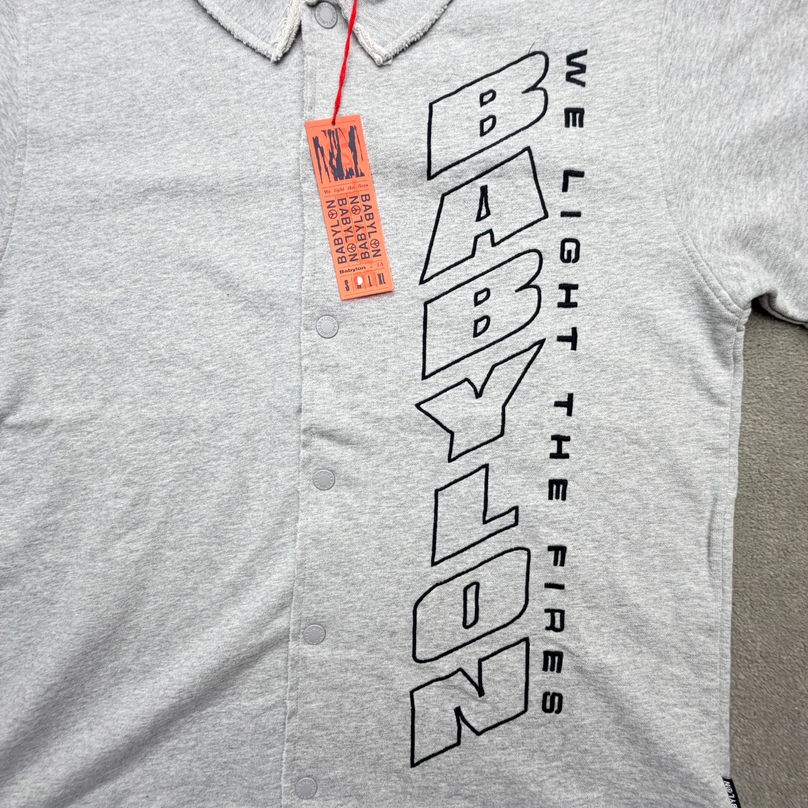 Babylon We Light The Fires Snap Front Shirt Mens Medium Gray Raw Edge NWT