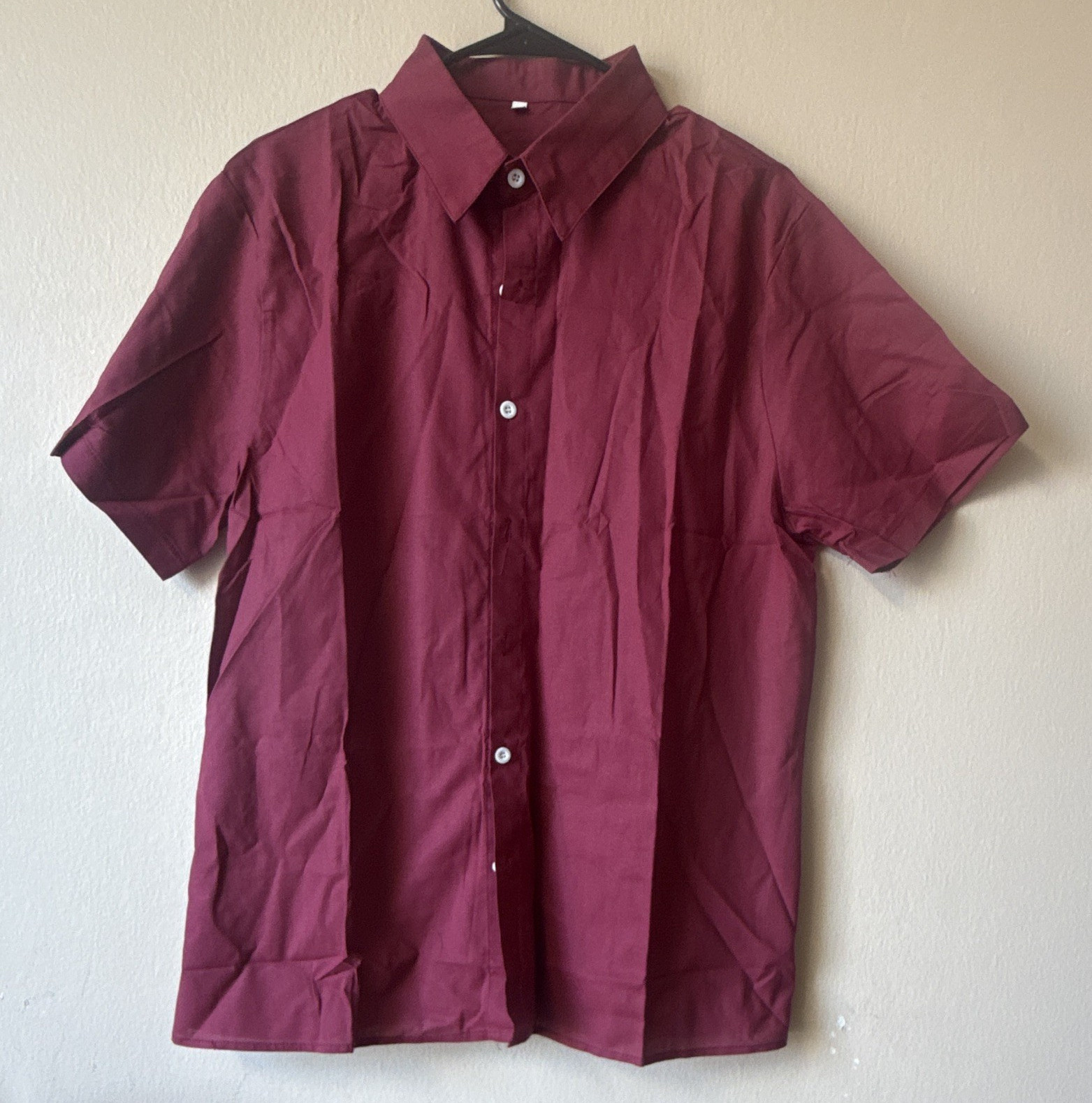 Men’s Burgundy Solid Button-Up Shirt, Short Sleeve Point Collar, Size S