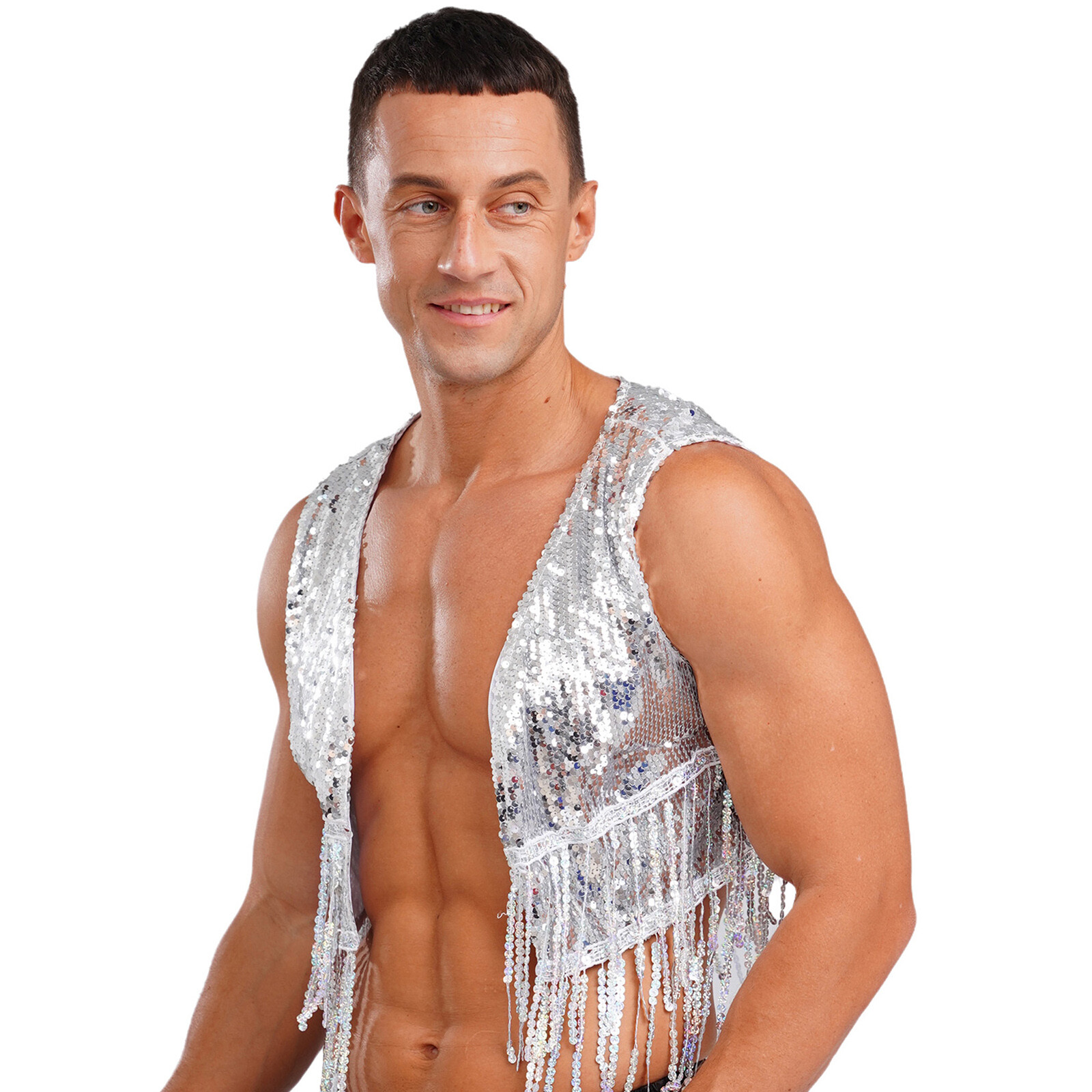 Men Glitter Sequin Fringe Cropped Vest Top Tassel Open Front Waistcoat Cardigan