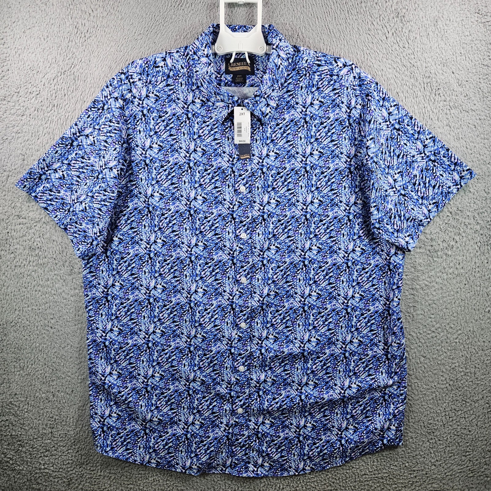 NEW Cremieux Casual Shirt Men 2XT Stretch Abstract Short Sleeve Nylon White Blue
