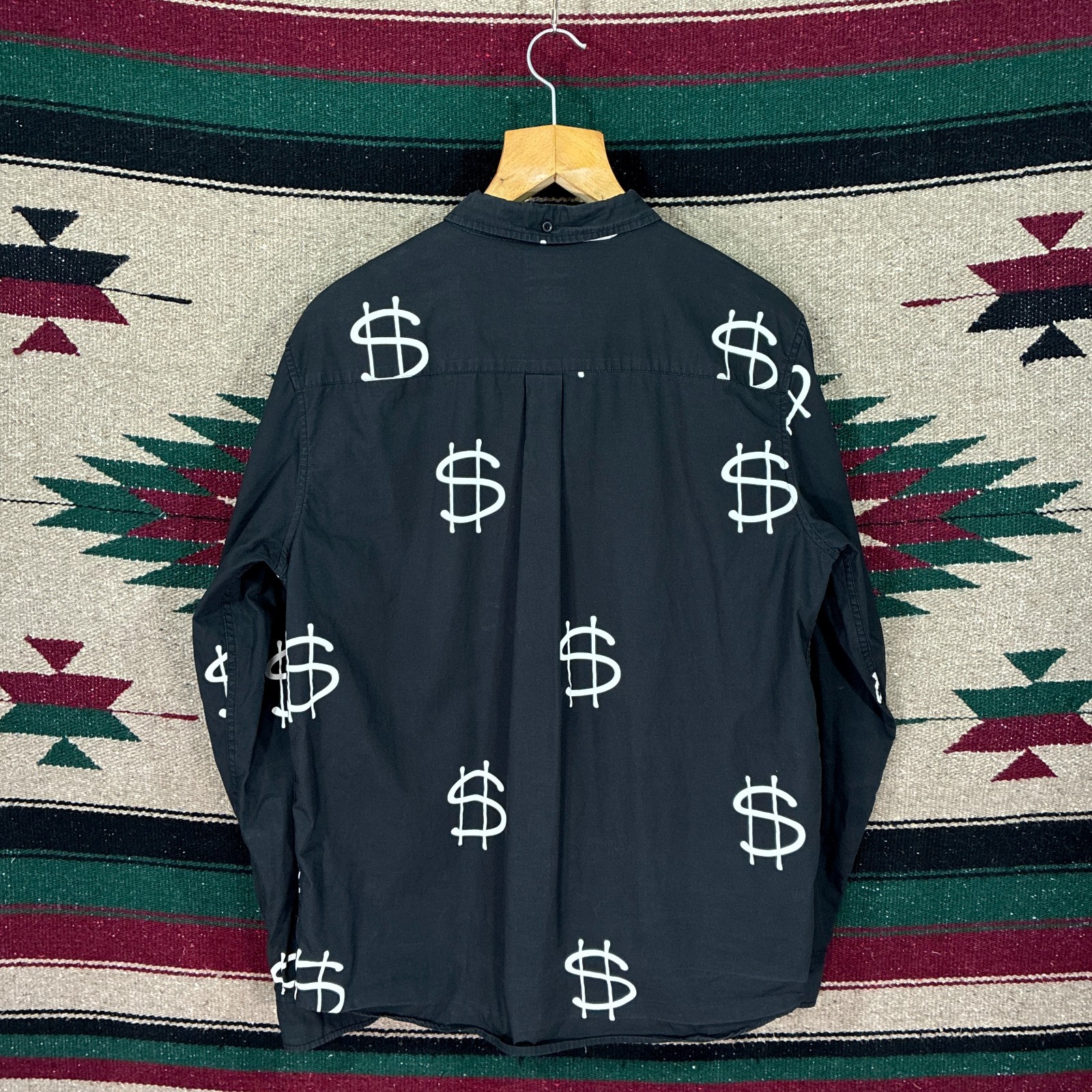 Vintage Stüssy Dollar Sign Print Black Button Shirt – Men’s Large – Cotton