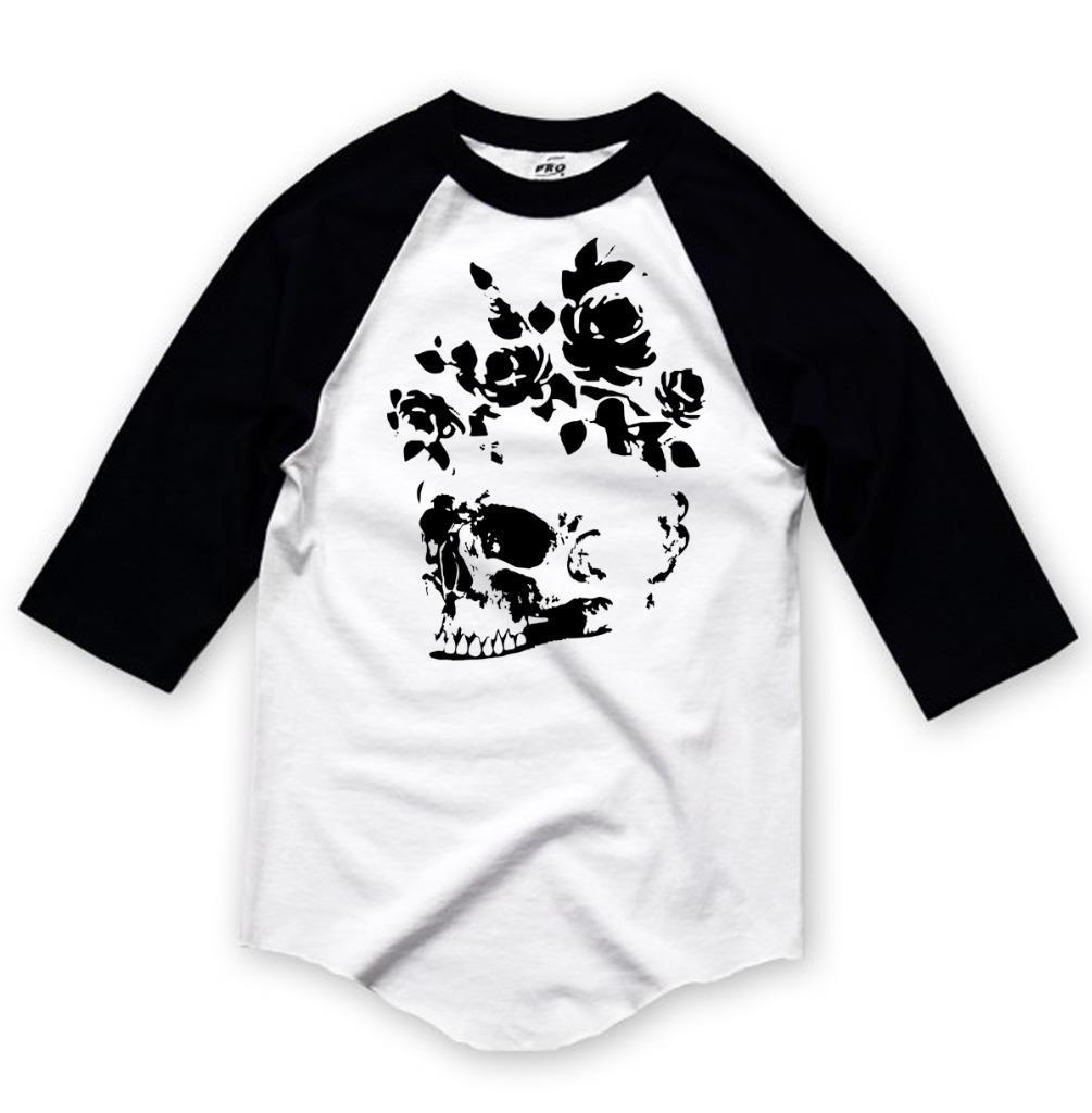 NEW PRINTED SKULL FLOWERS HIPSTER 3/4 SLEEVES REGLAN BASEBALL COTTON T-SHIRT