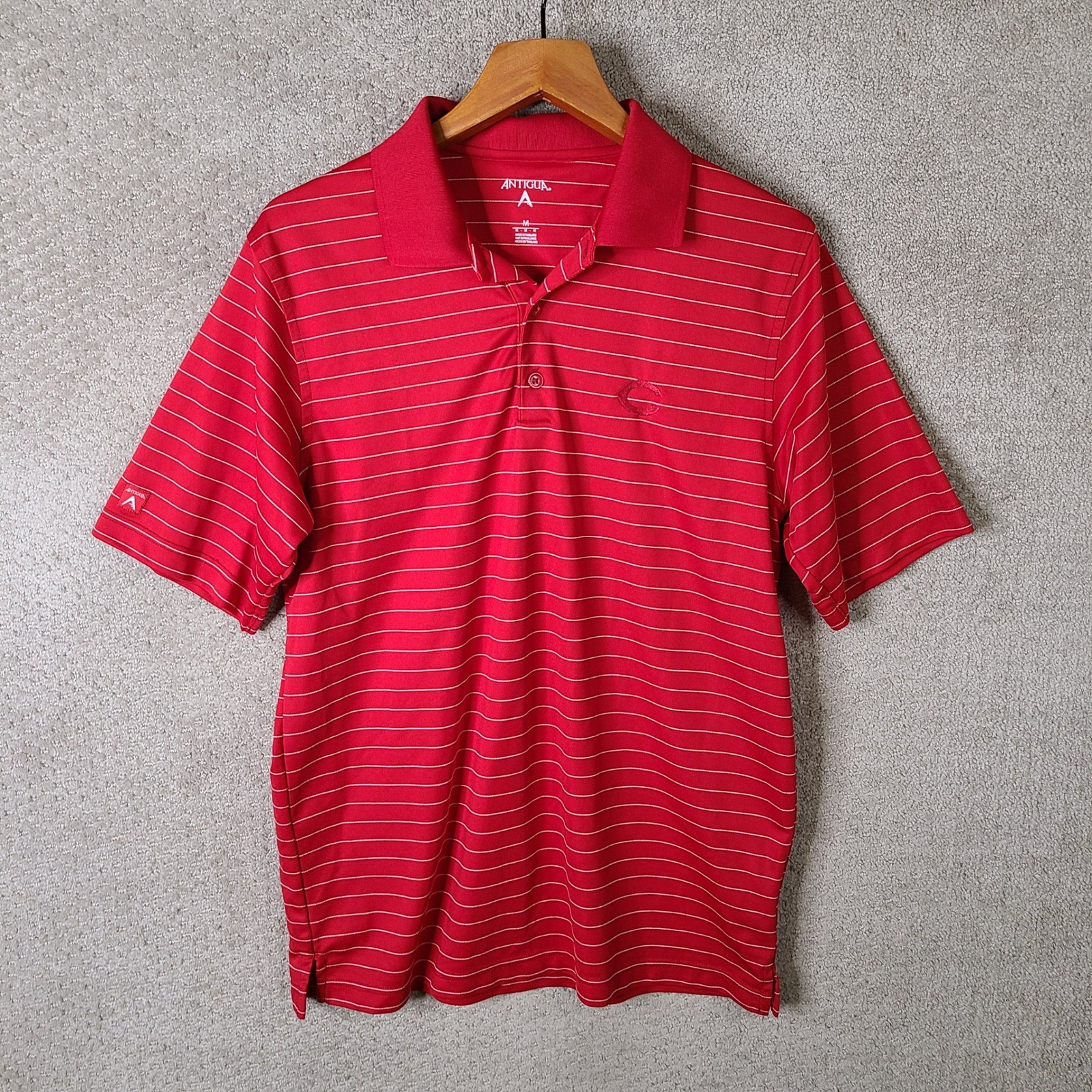 Antigua Shirt Men Medium Red Striped Polo Cincinnati Reds Short Sleeve Polyester