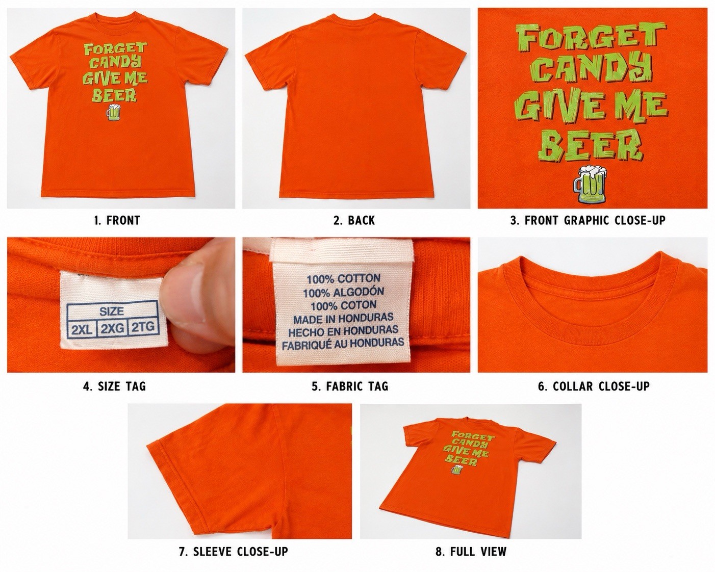 Funny Halloween Beer T-Shirt 2XL Orange “Forget Candy Give Me Beer” Adult Tee