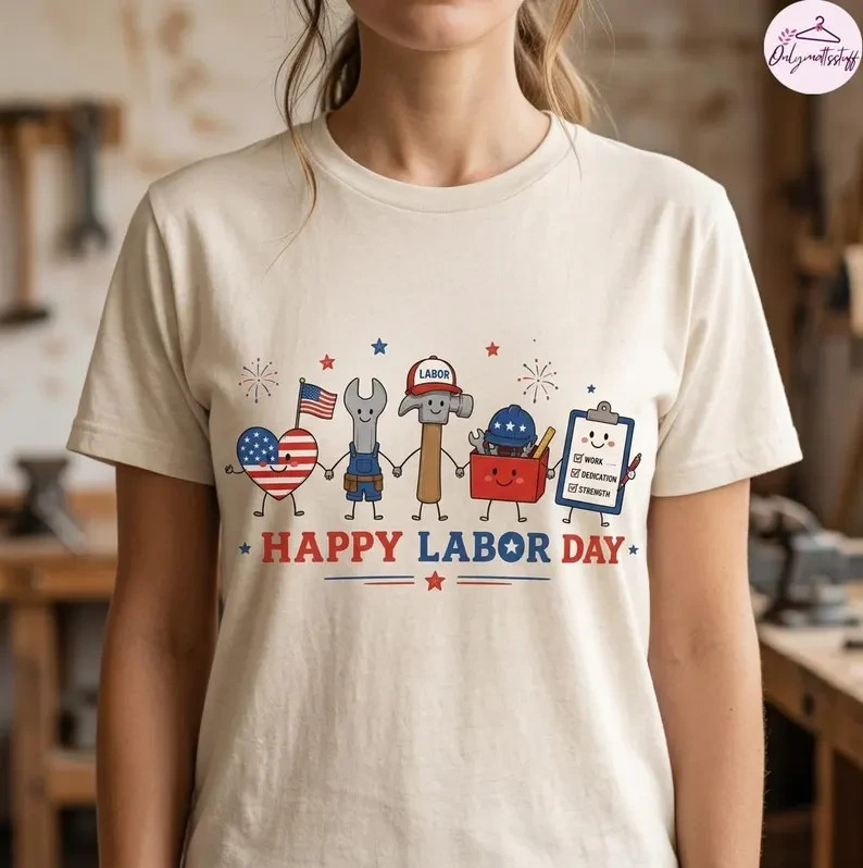 Happy Labor Day Shirt Cute Cartoon Tools Patriotic US Flag Heart Graphic T-Shirt
