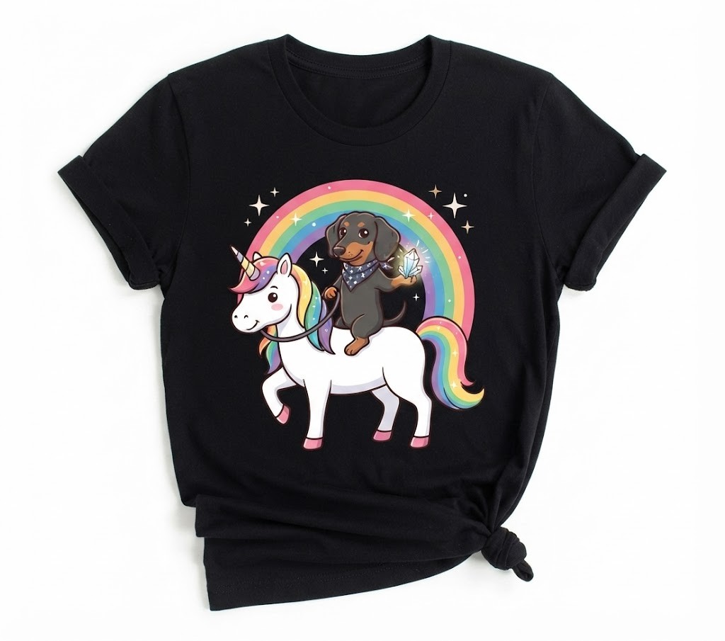 Dachshund Riding Unicorn Rainbow Unicorn Black T-Shirt