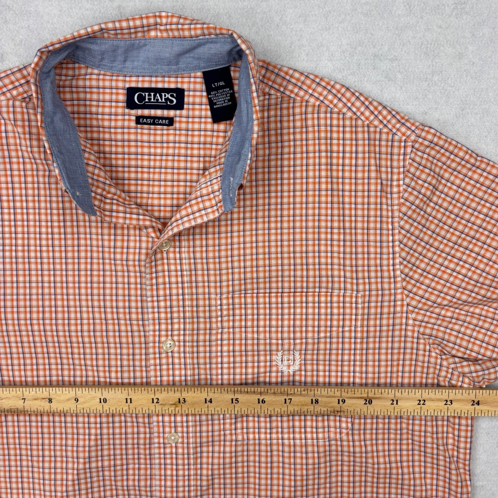 Chaps Button Down Shirt Mens Large Tall Orange Blue Check Short Sleeve Easy Care