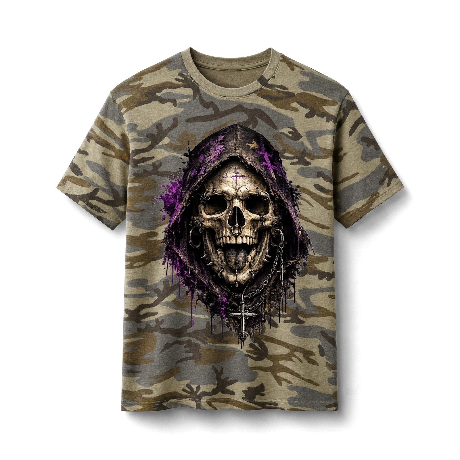 Grinning Skull Hooded Reaper Camo Tee | Gothic Skull Graphic T-Shirt