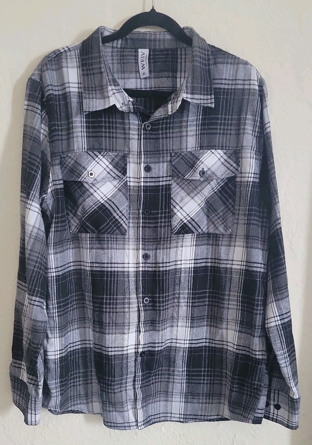 Weiv XL Black White Plaid Classic Brushed Flannel Button Up Long Sleeve Shirt