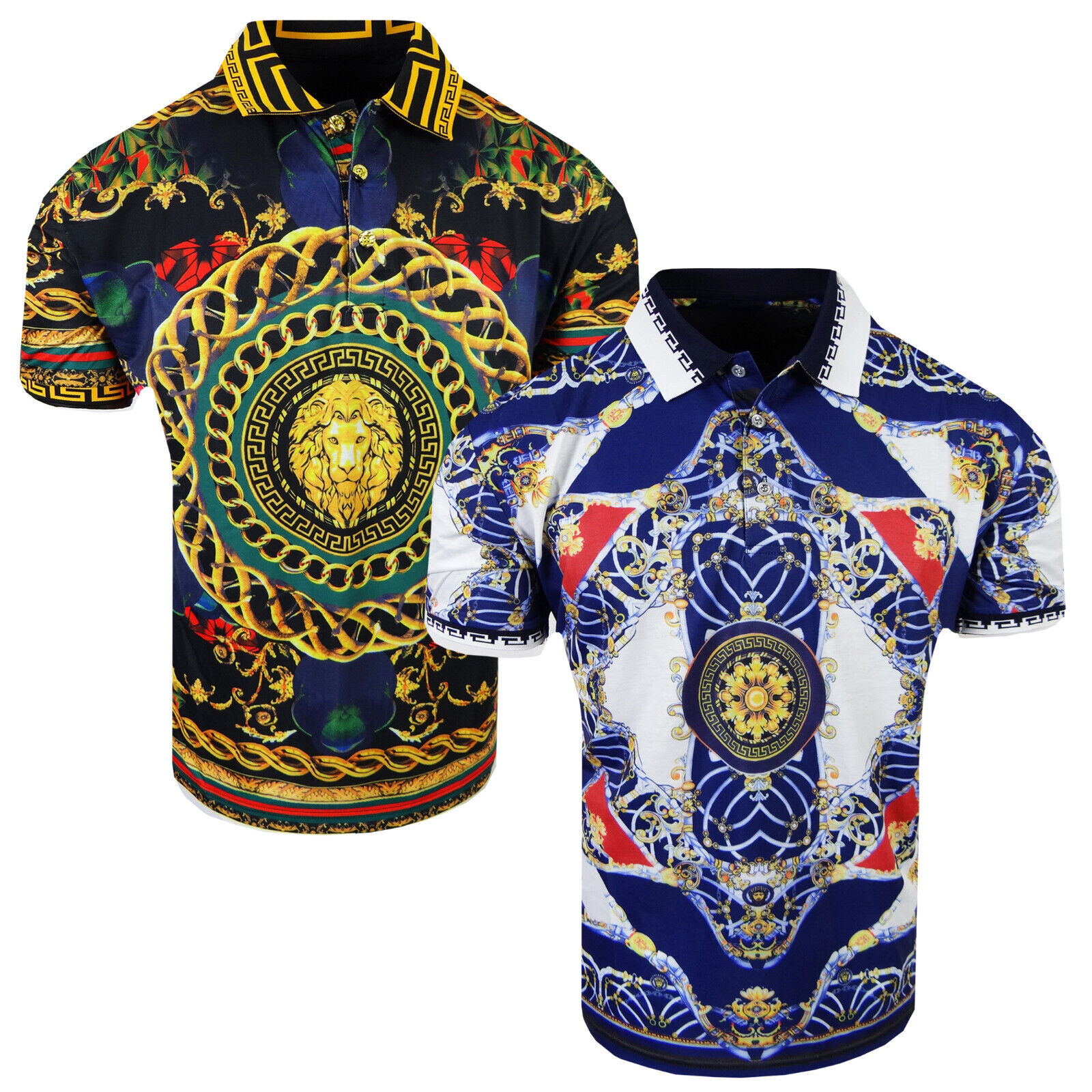 Mens Polo Shirt Italian Luxury Gold Lion Floral Stripe Slim Fit Stretch T-Shirt