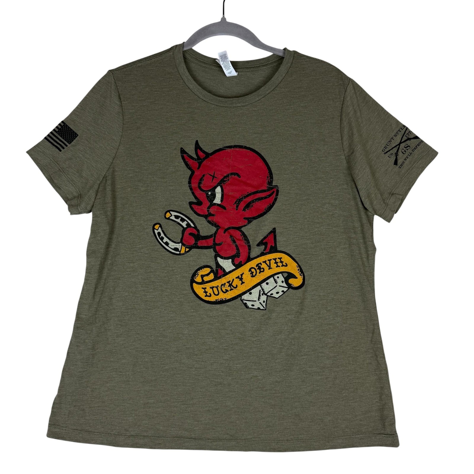 Bella + Canvas Shirt Mens Large Green Lucky Devil Grunt Style Graphic Tee