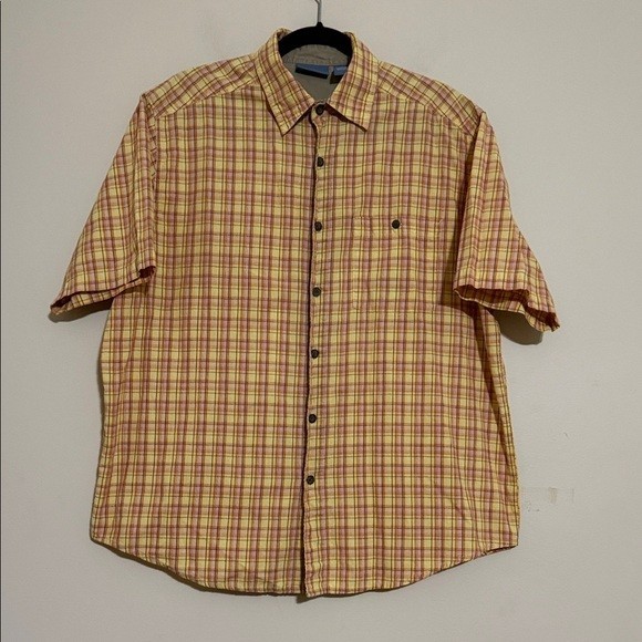 Quest Men’s Yellow Plaid Short Sleeve Shirt L casual office outdoor camp retro
