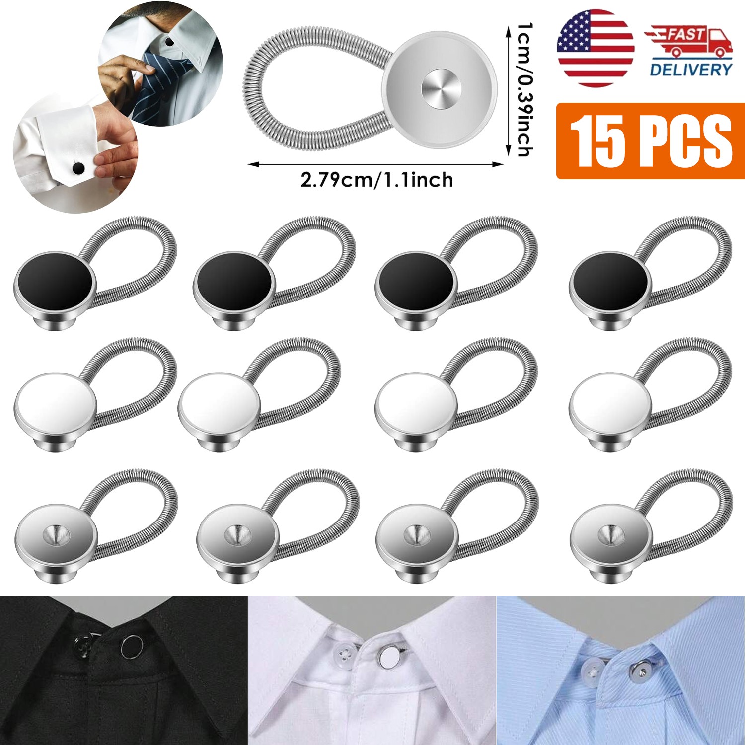 15pcs Collar Extenders for Mens Shirts, Elastic Button Extender for Dress Shirts