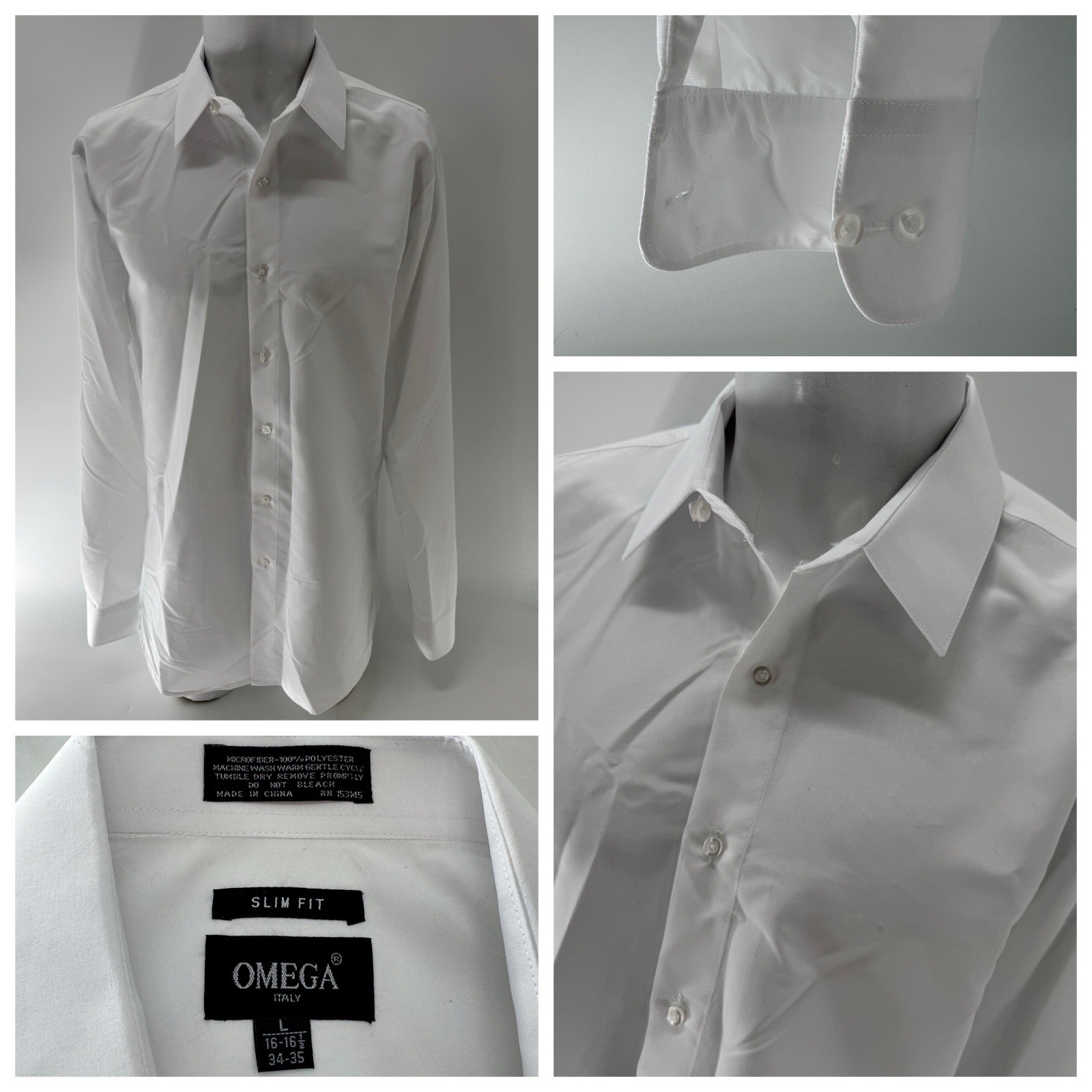 Omega Italy Dress Shirt 16-16.5 34/35 White Poly Slim Fit Long Sleeves YGI Y5-44