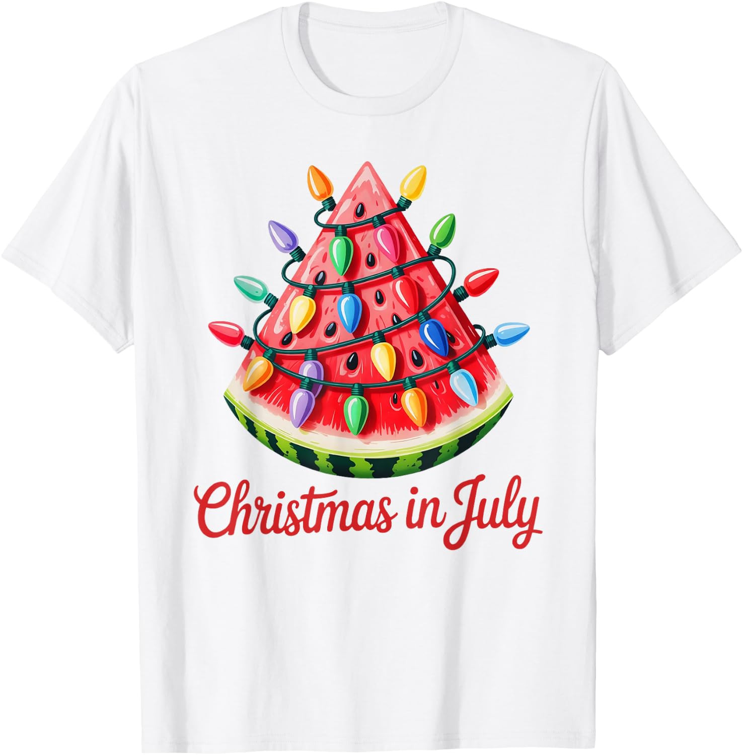 Retro Christmas in July Watermelon Slice Christmas Lights Unisex T-Shirt