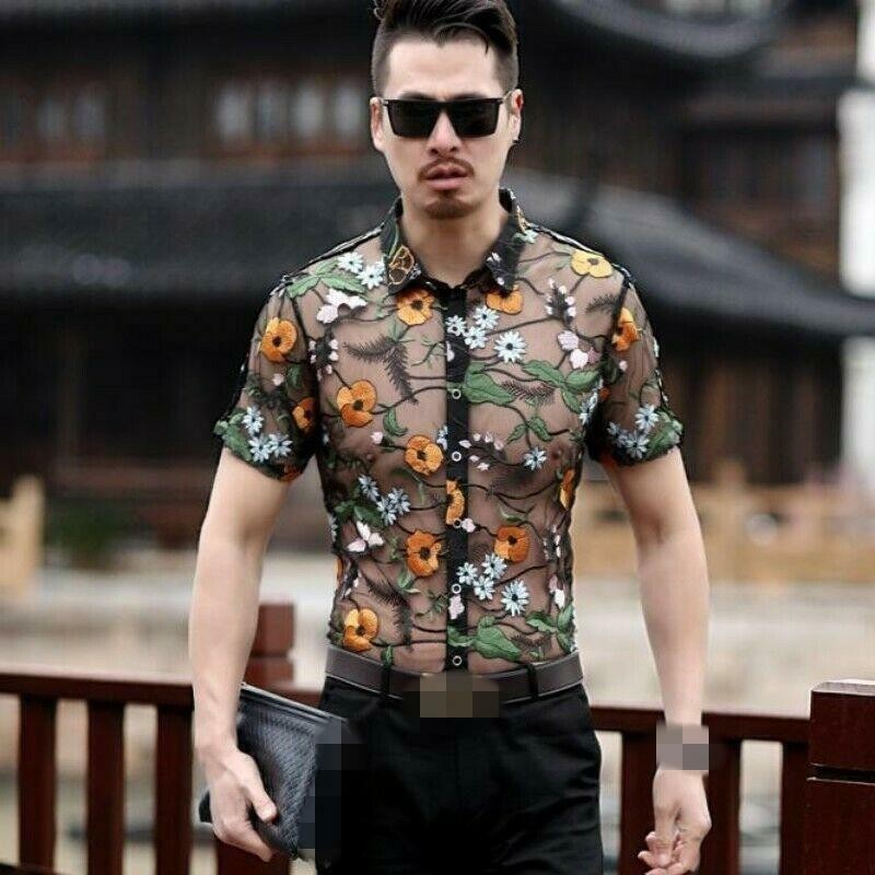 Men’s Tops Mesh Short Sleeve Slim Floral Hollow Out See-through T-shirts Summer