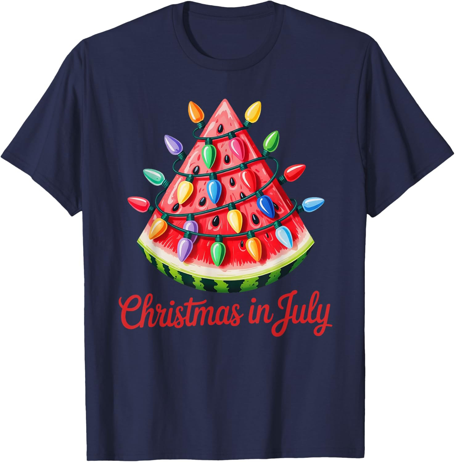 Retro Christmas in July Watermelon Slice Christmas Lights Unisex T-Shirt