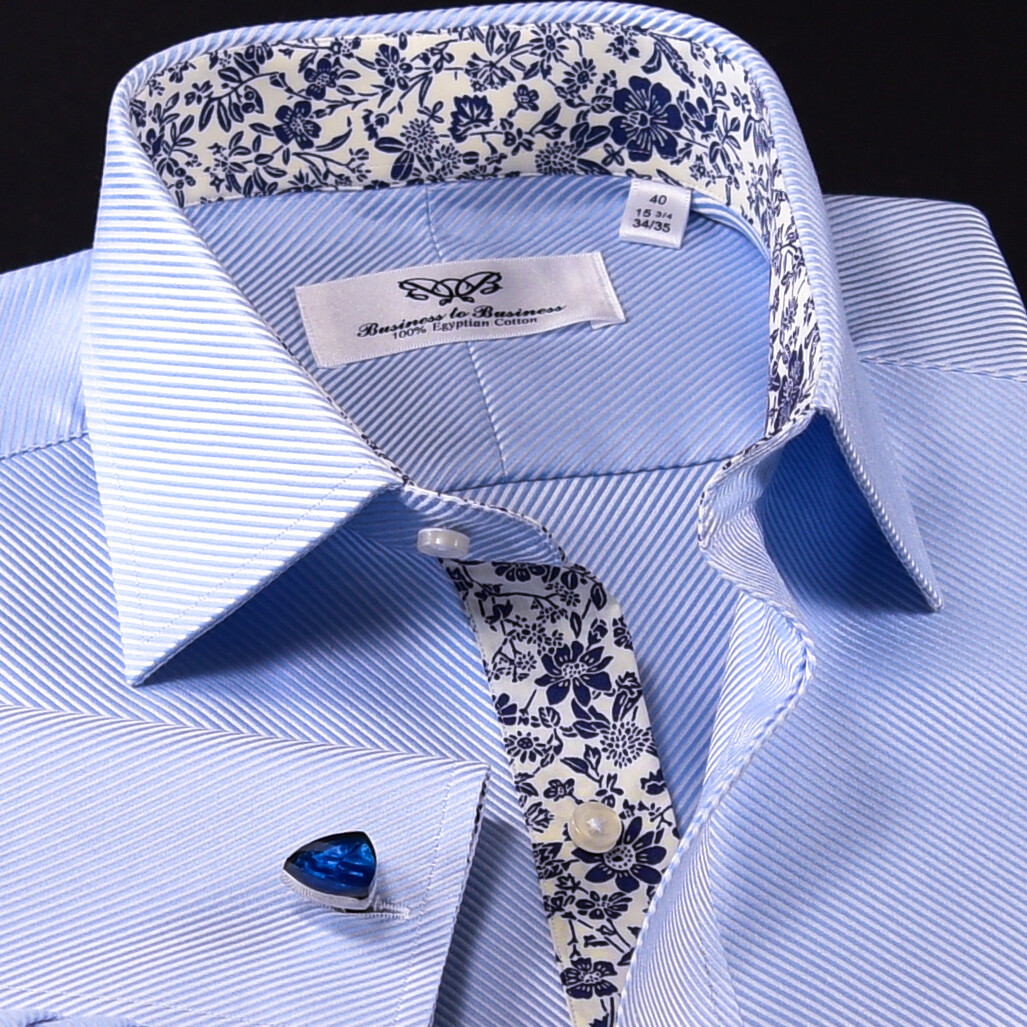 Elegant Blue Twill Double Ply 80’s Fine Wevon Formal Business Shirts Floral Inne
