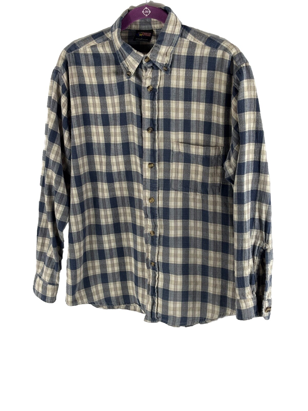 Brisco Apparel Mens Flannel Shirt Long Sleeve Large Blue white gray plaid READ