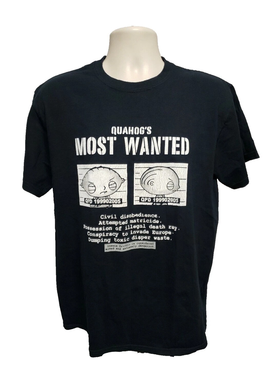 Stewie Griffin Quahogs Most Wanted Adult Medium Black TShirt