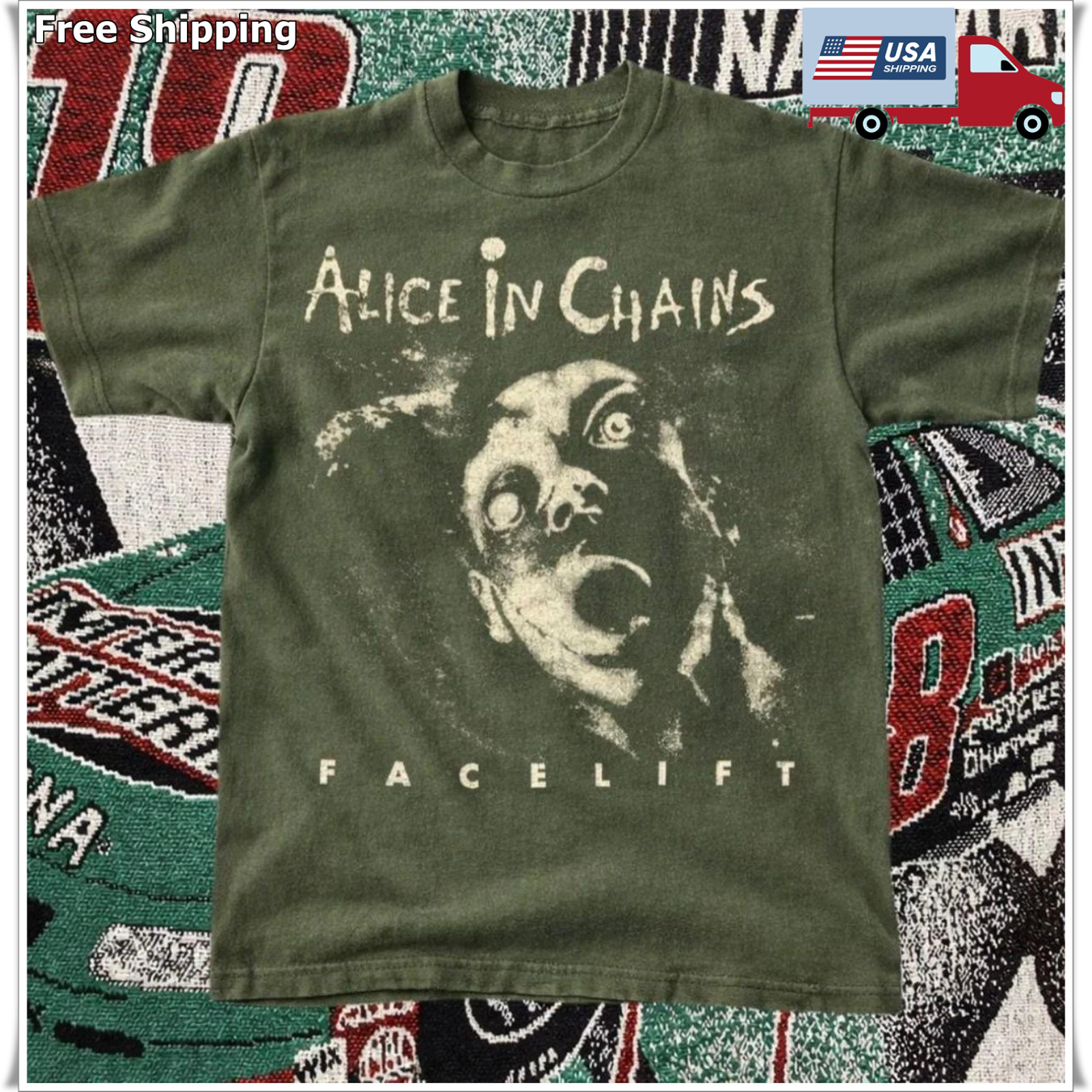 Vintage Style Alice In Chains Facelift Tee – Military Green Grunge Band T-Shirt