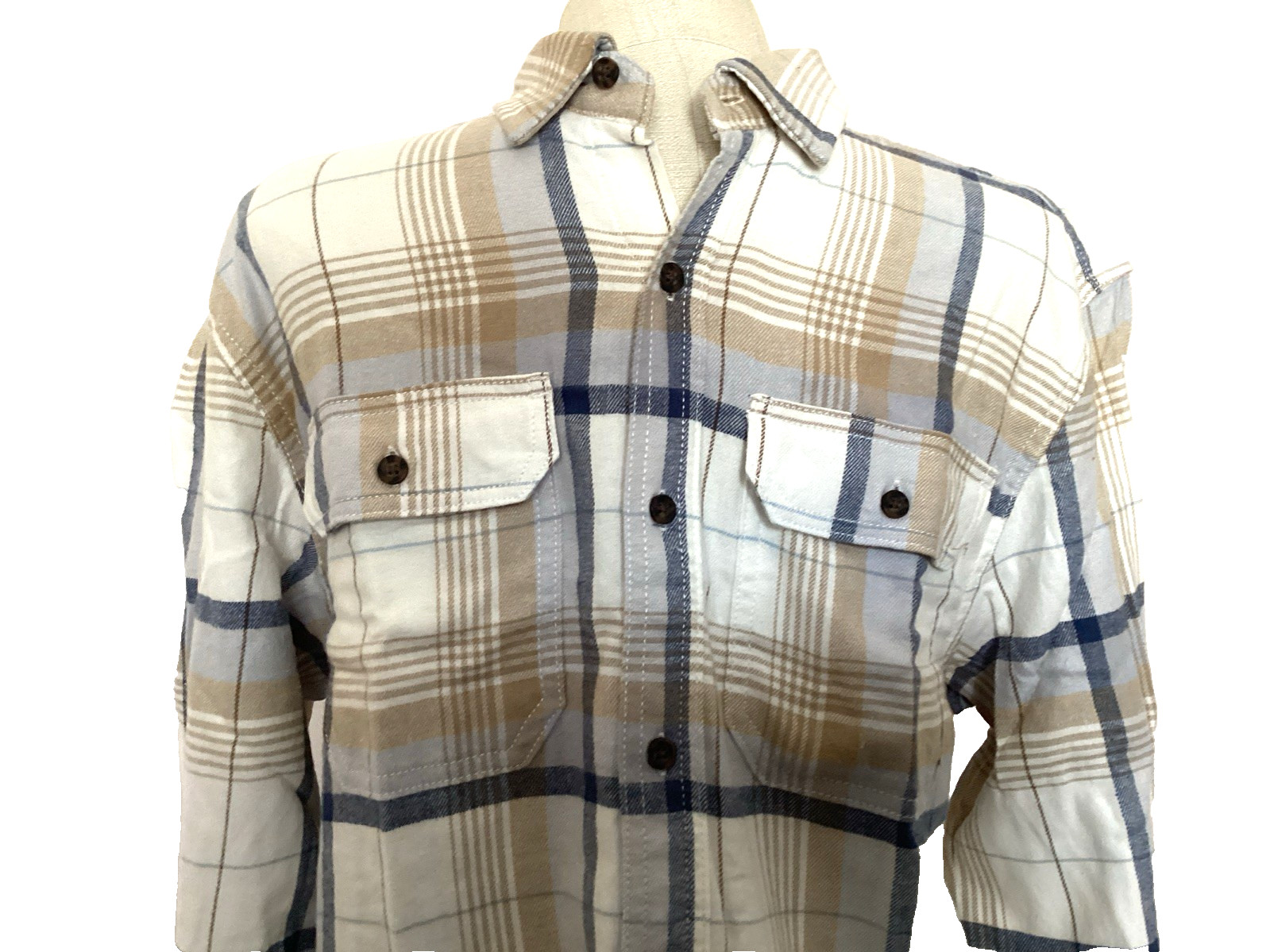 GEORGE Super Soft Winter White Plaid Long Sleeve Flannel Shirt Sz XS*