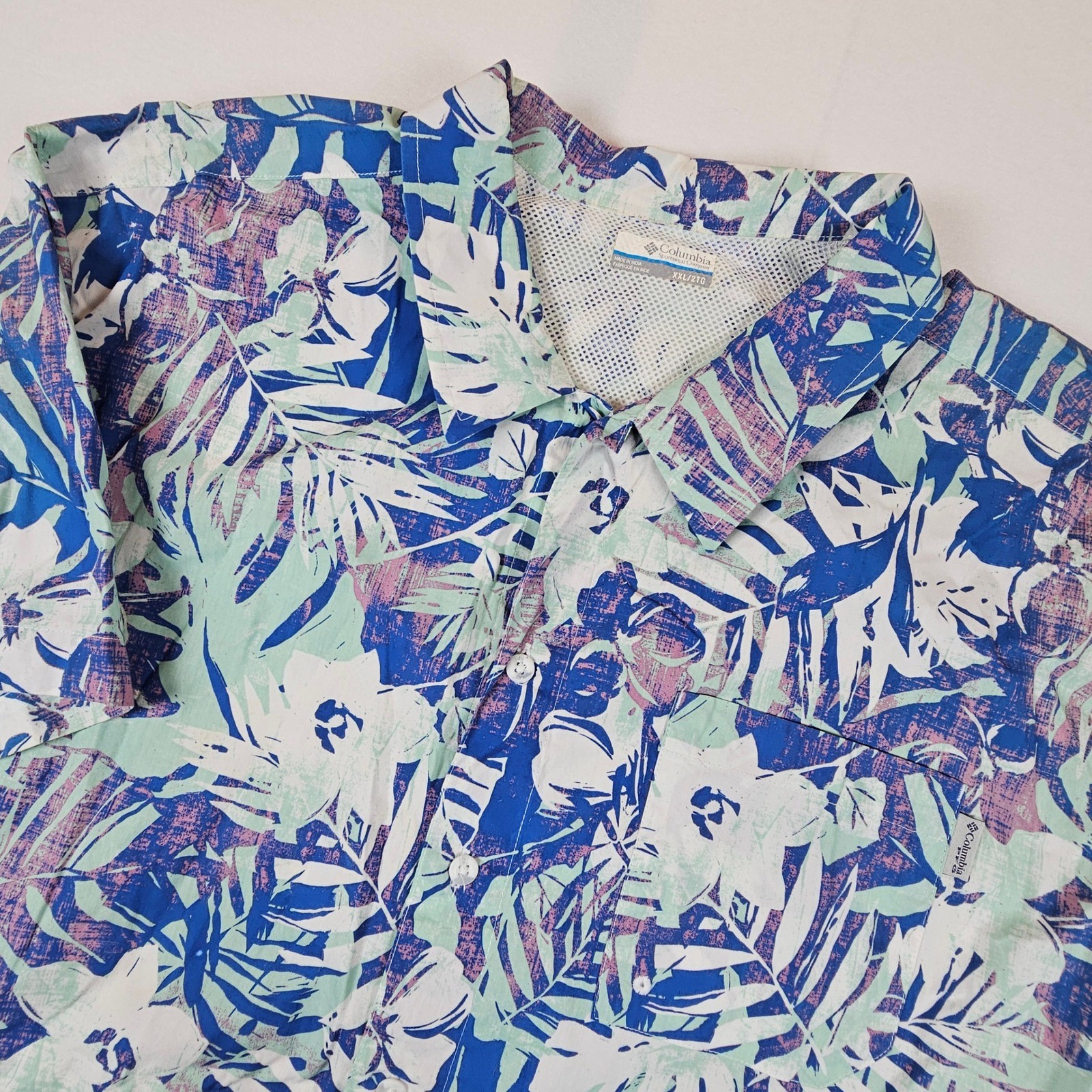 Columbia PFG Mens XXL Tropical Floral Palm Fishing Shirt Blue Teal Short Sleeve