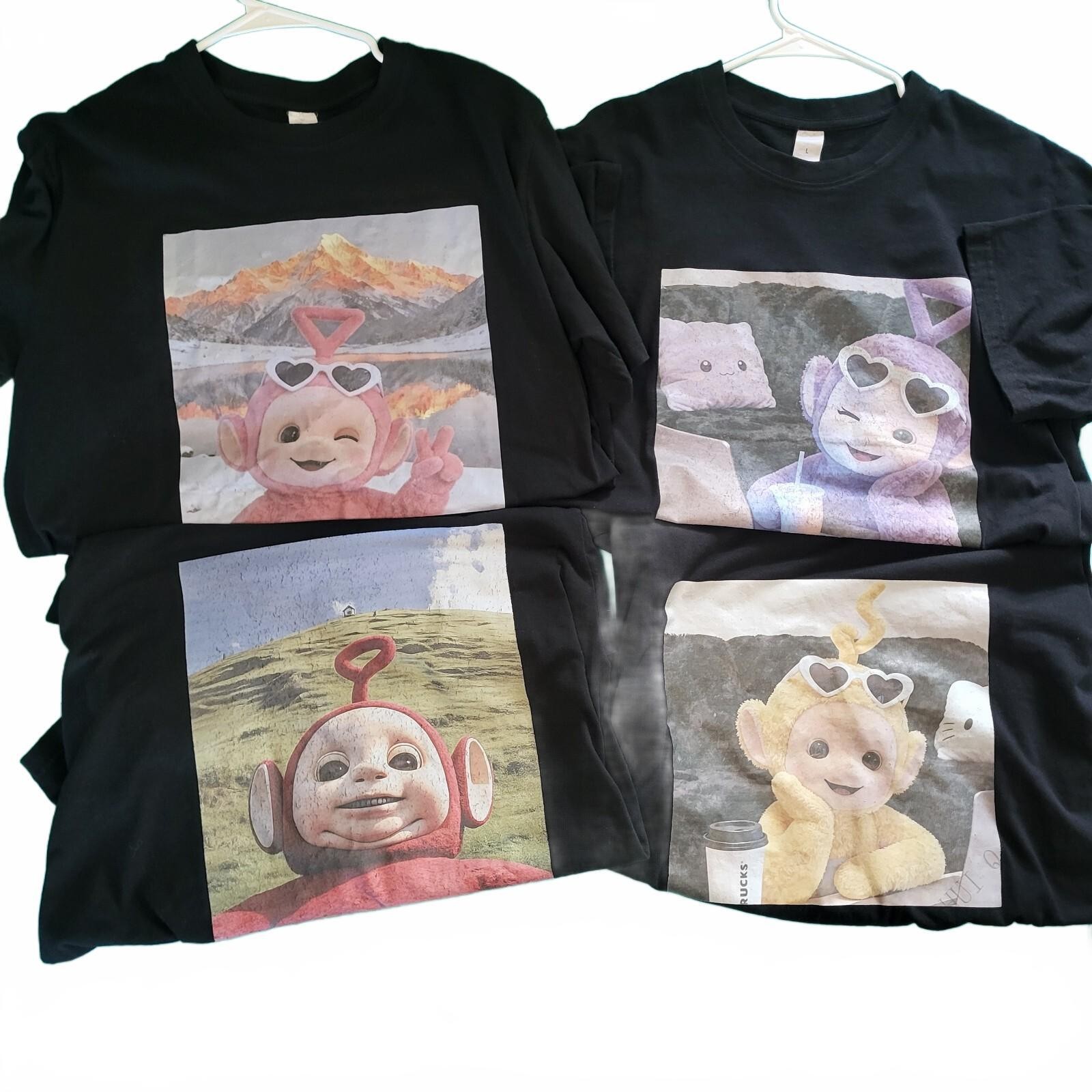 Set of 4 Black Teletubbies Graphic T-Shirts, Various Characters, Size Lg