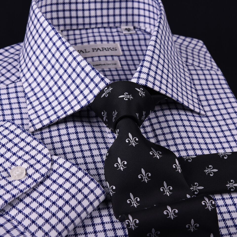 Navy Blue Double Plaid Formal Business Dress Shirt Mens Check Checkers Style Top