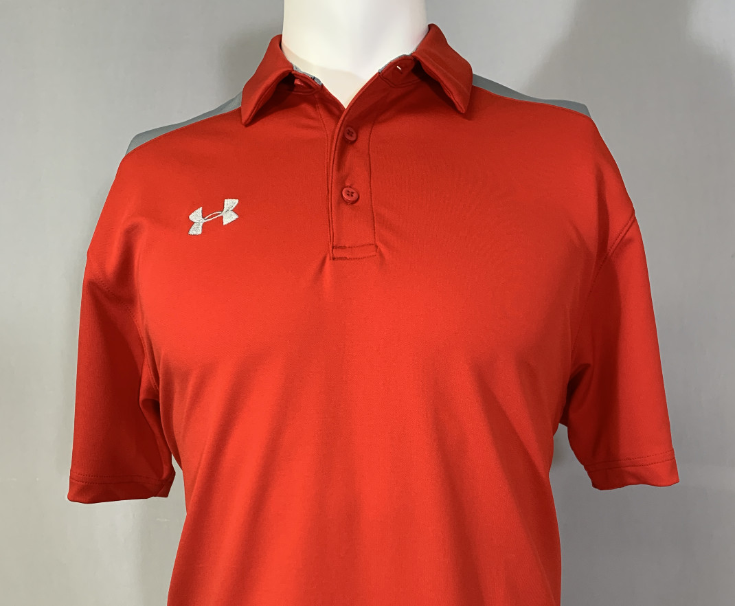 Under Armour Shirt Mens Medium Red Gray DriFit Golf Polo HeatGear 2-Tone