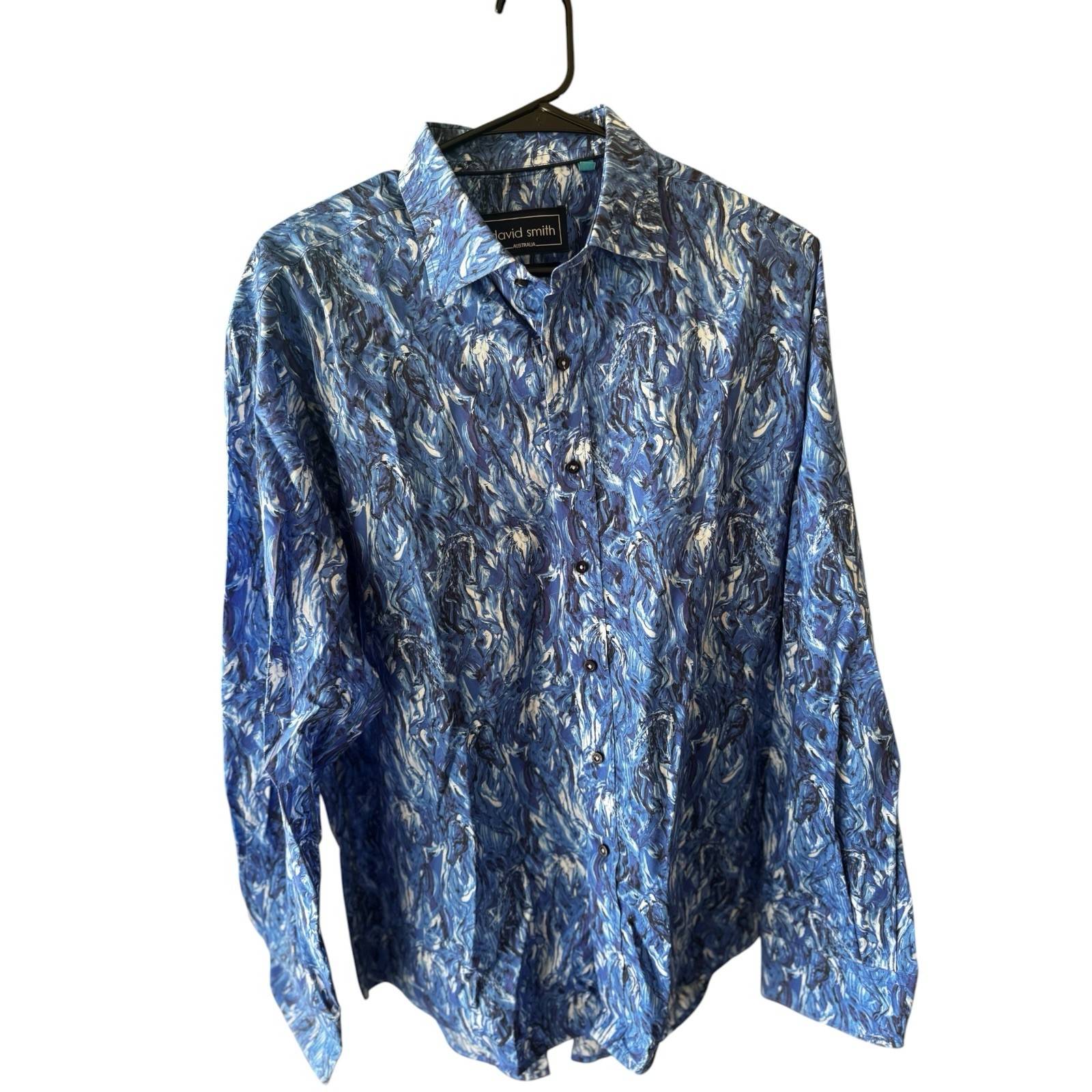 David Smith XL Blue Abstract Button Up Shirt L/S Statement Print Casual