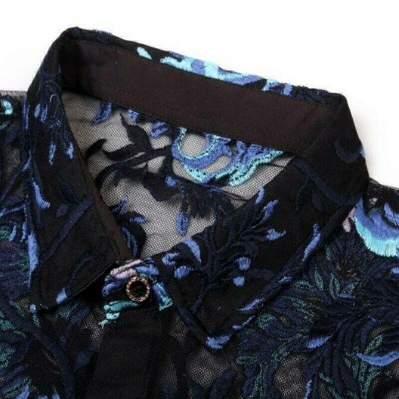 Men’s Tops Mesh Short Sleeve Slim Floral Hollow Out See-through T-shirts Summer