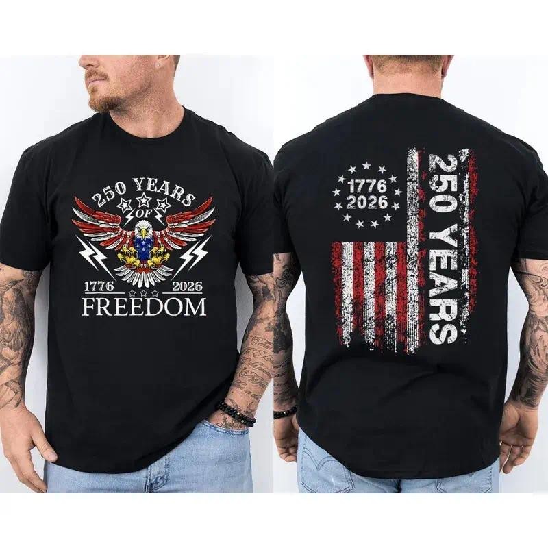 America 250th Birthday US Flag 250 Years Eagle Patriotic 1776 2026 2 Sided Tee