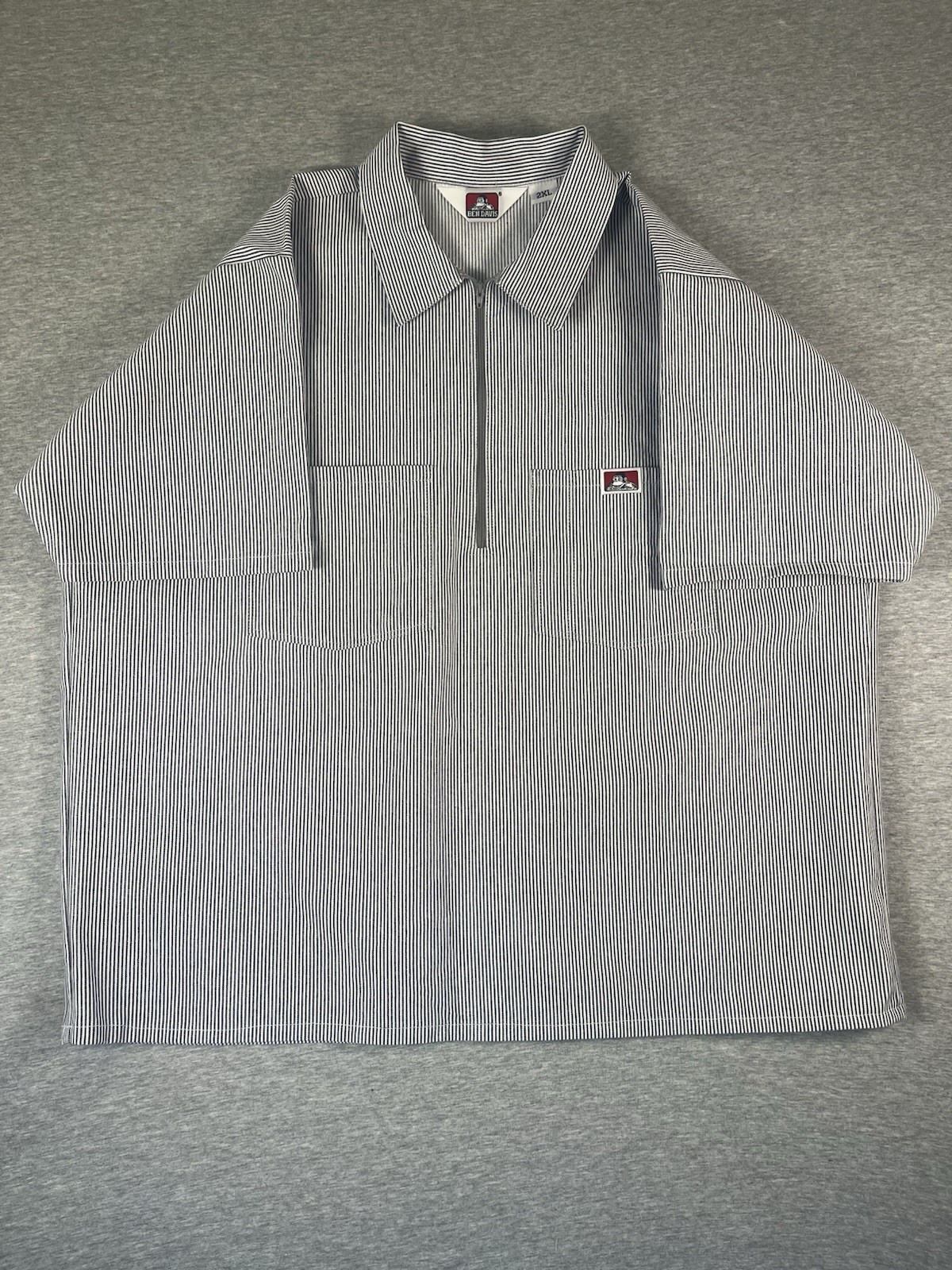 Ben Davis 1/4 Zip Work Shirt Short Sleeve Black Gray Stripe 2XL Vintage USA