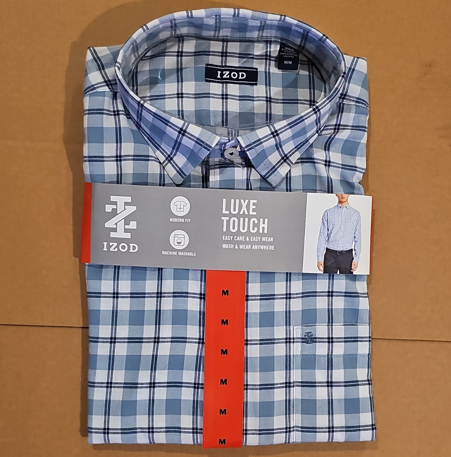 IZOD Men’s Blue/White Plaid Cotton Woven Modern Fit Button-Up Shirt M